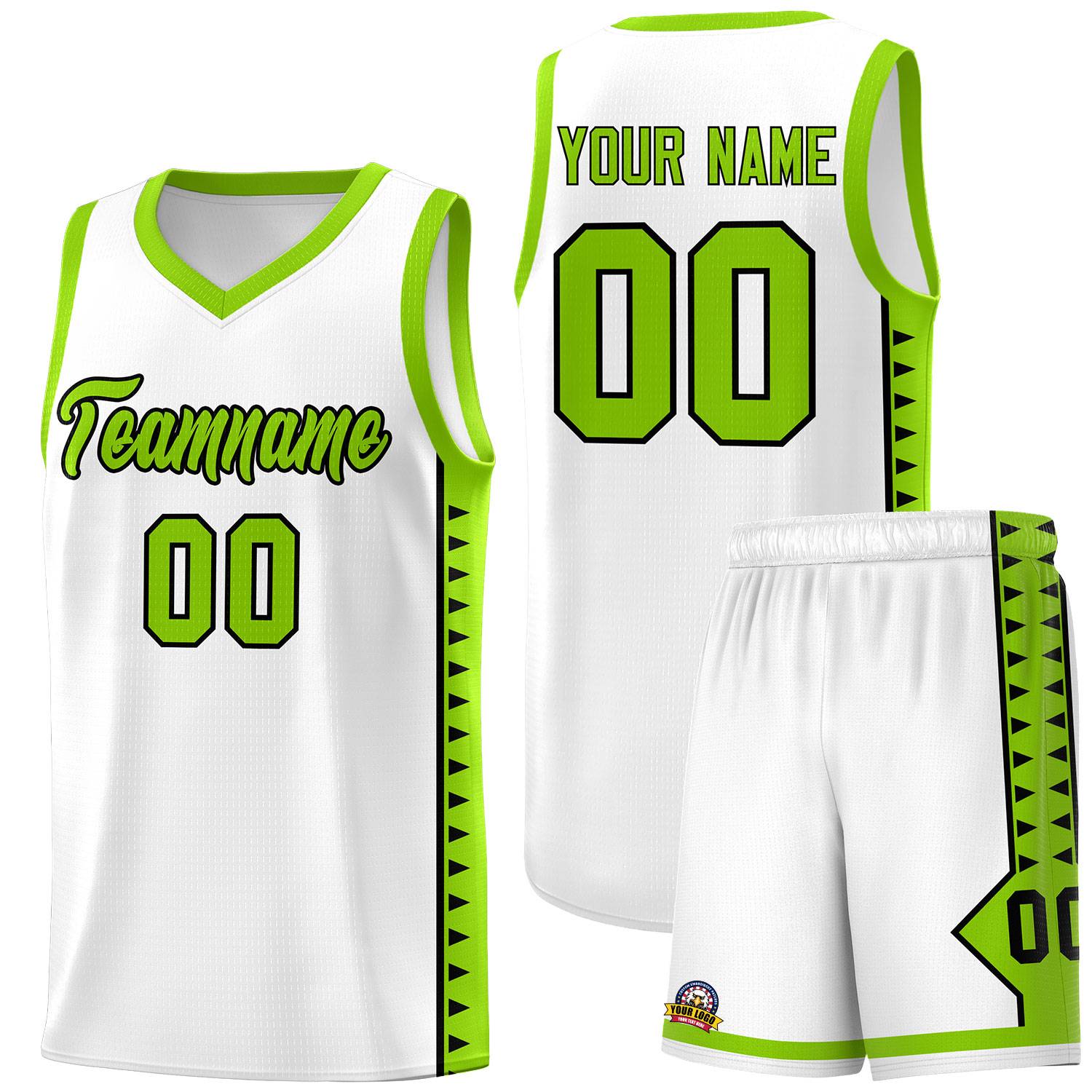 Custom White Neon Green Basketball Kits With Side Zigzag Pattern