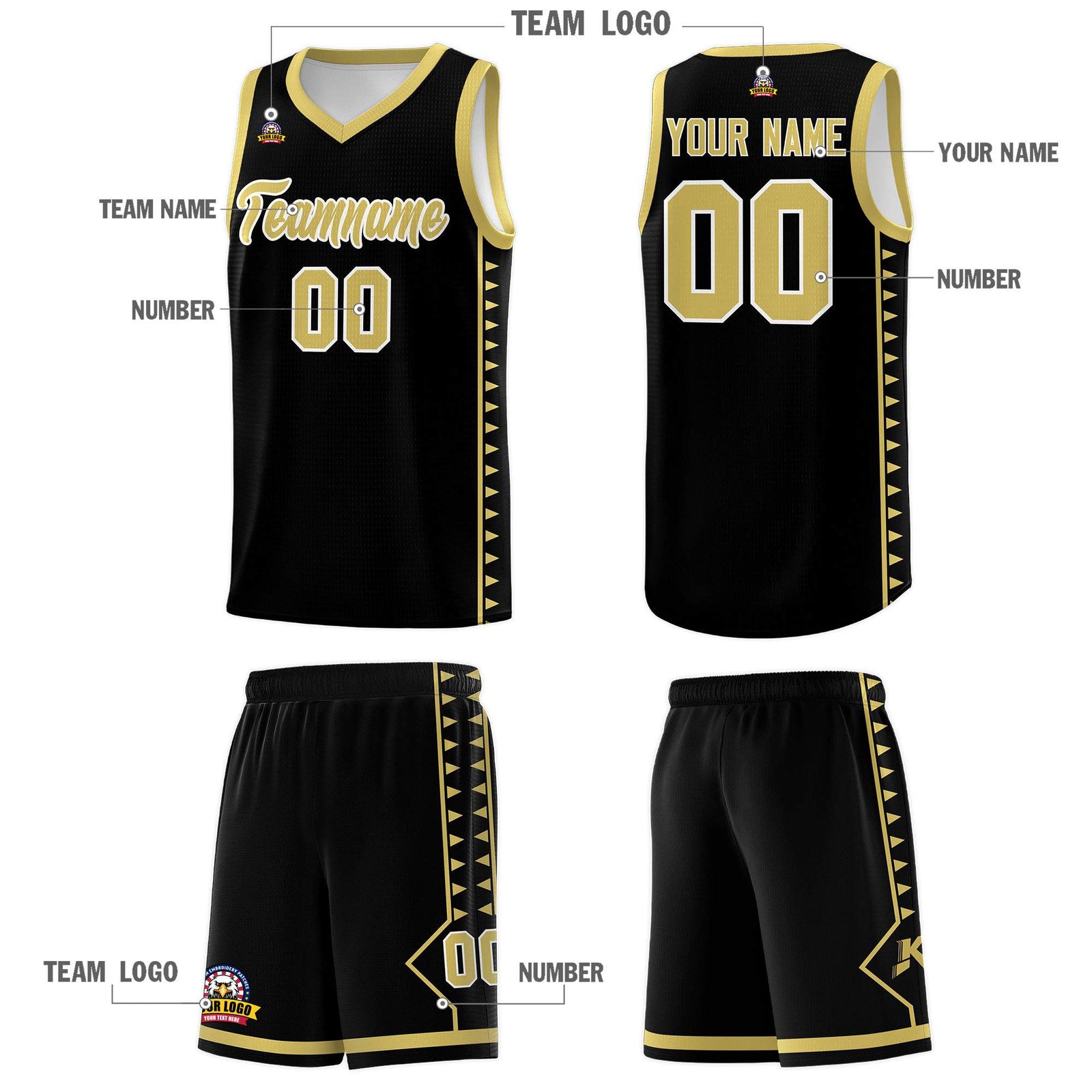 Custom Black Old Gold Basketball Kits With Side Zigzag Pattern