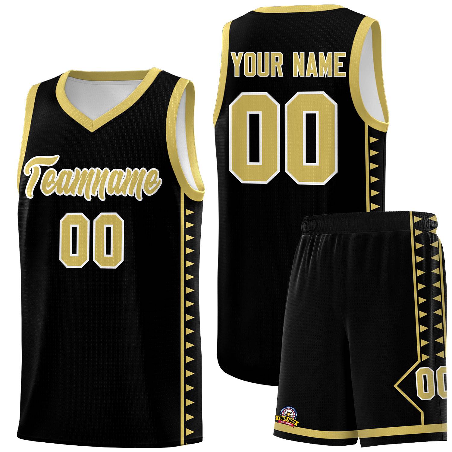 Custom Black Old Gold Basketball Kits With Side Zigzag Pattern