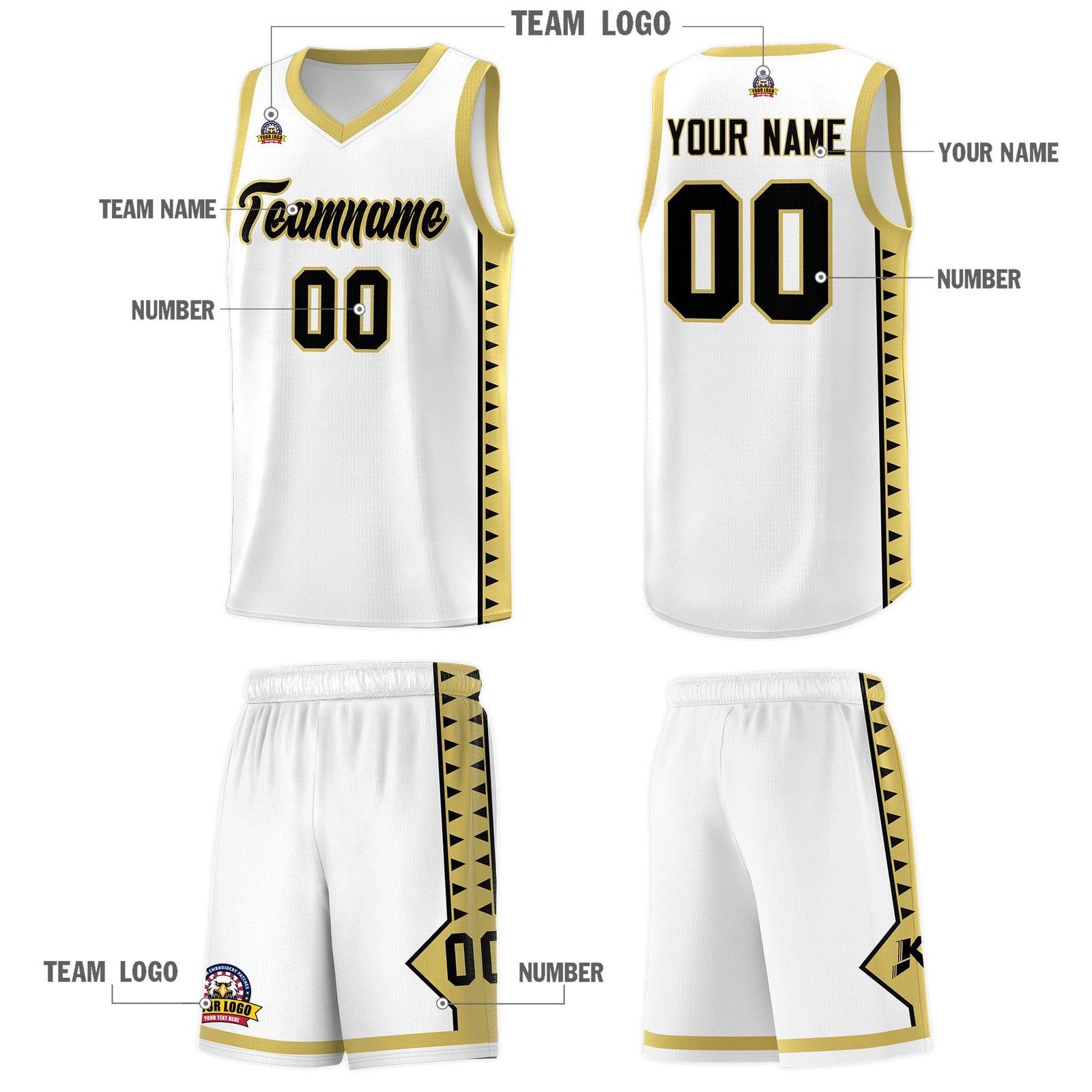 Custom White Old Gold Basketball Kits With Side Zigzag Pattern