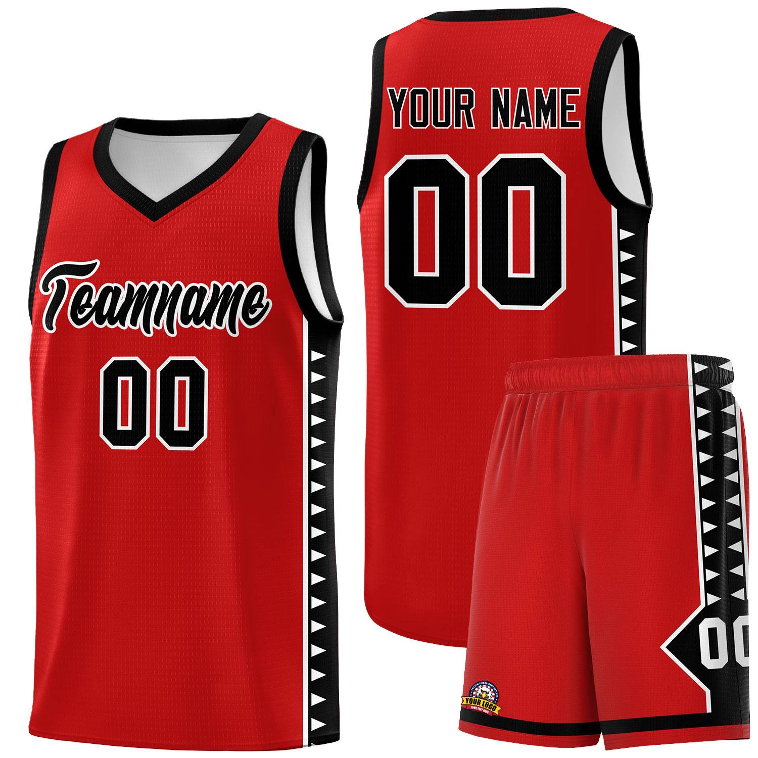 Custom Red Black Basketball Kits With Side Zigzag Pattern
