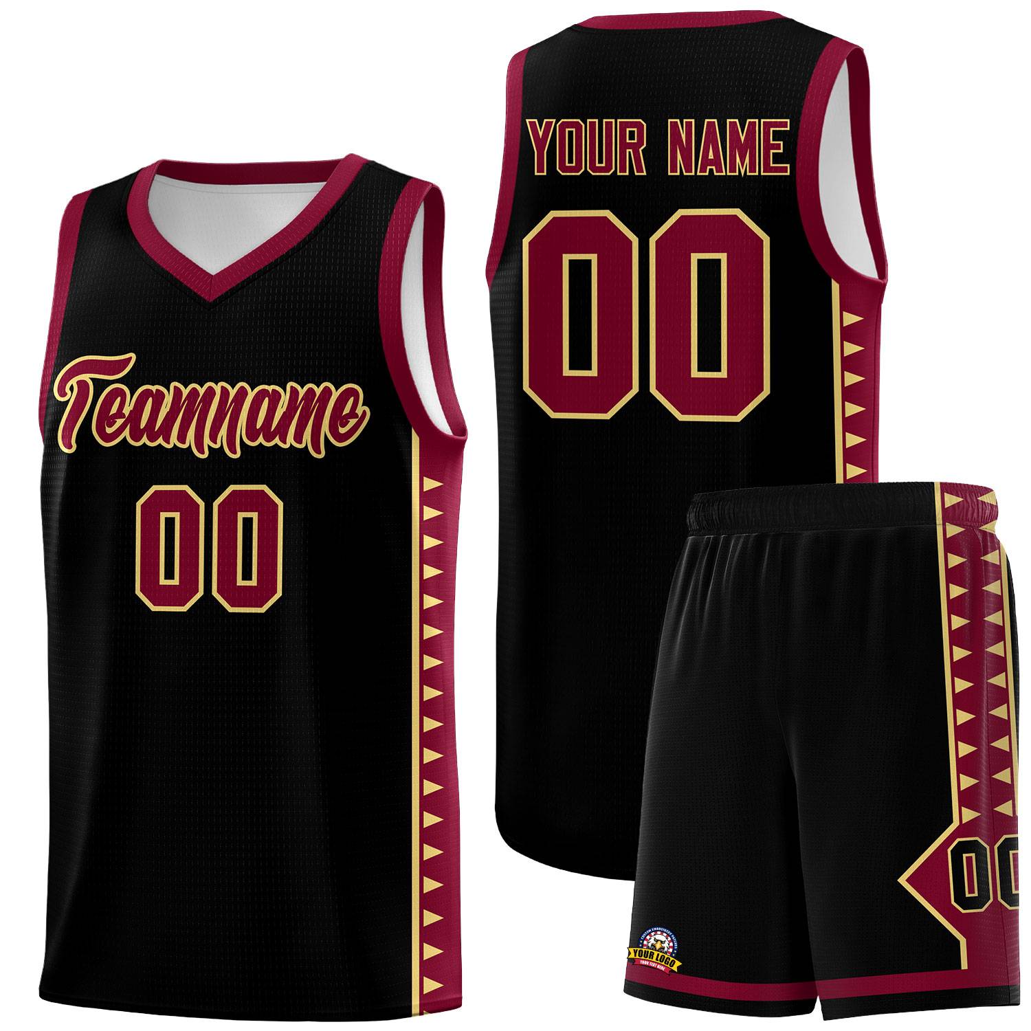 Custom Black Crimson Basketball Kits With Side Zigzag Pattern