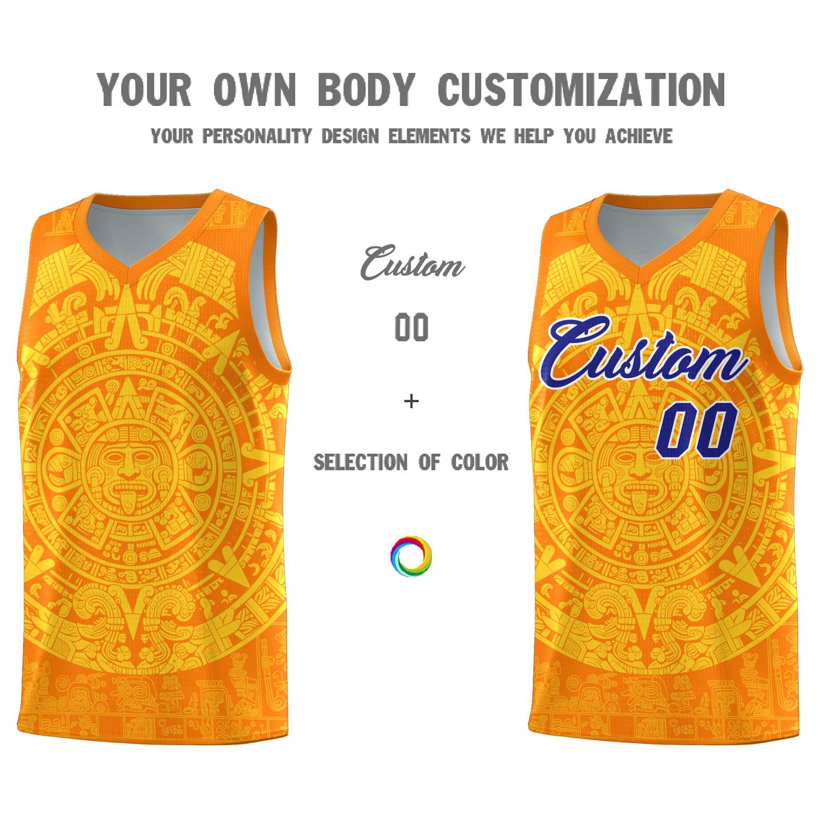 Custom Youth Basketball Jerseys Gold Aztec Sun Stone Design Team Uniform