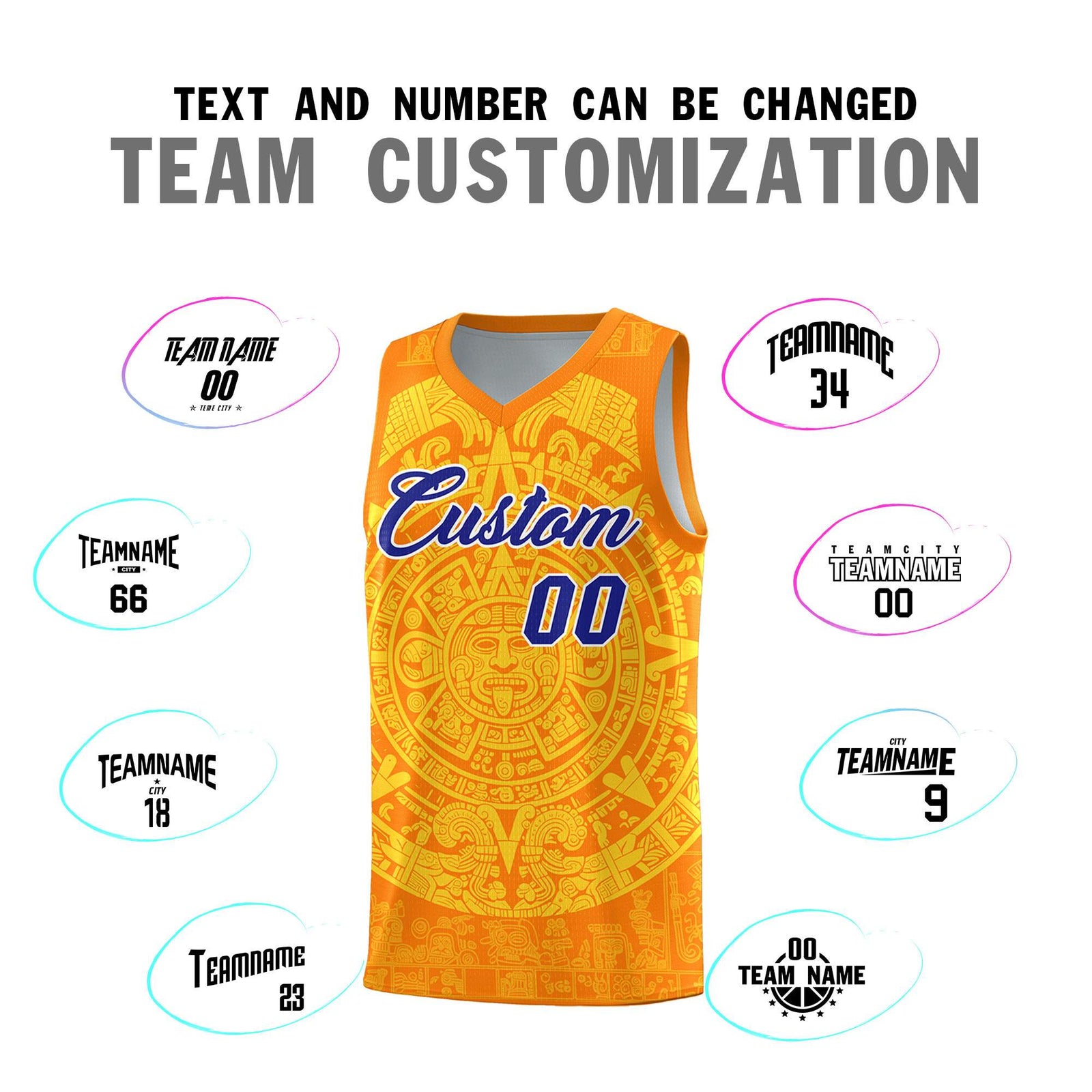 Custom Youth Basketball Jerseys Gold Aztec Sun Stone Design Team Uniform