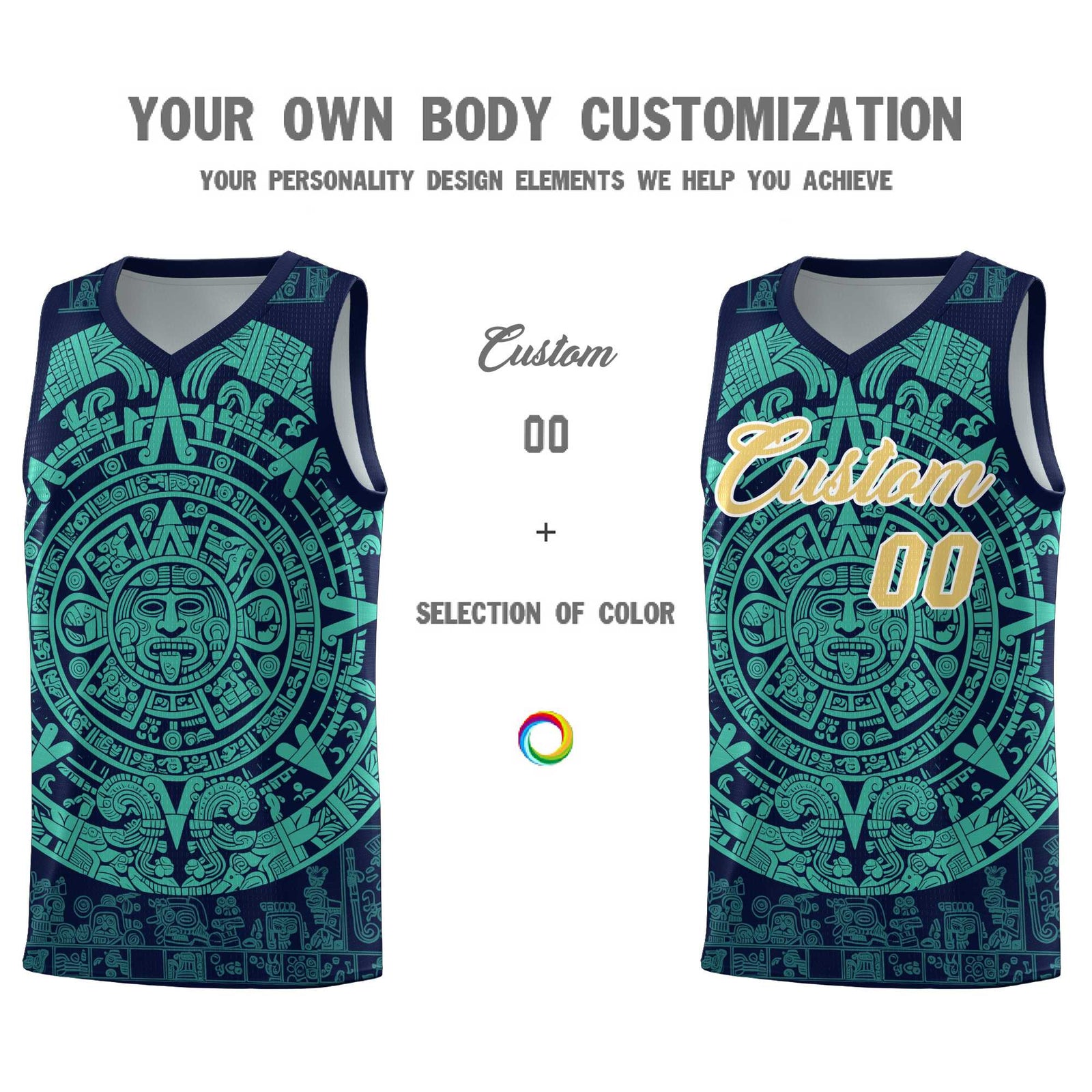 Custom Youth Basketball Jerseys Aqua Aztec Sun Stone Personalized Uniform