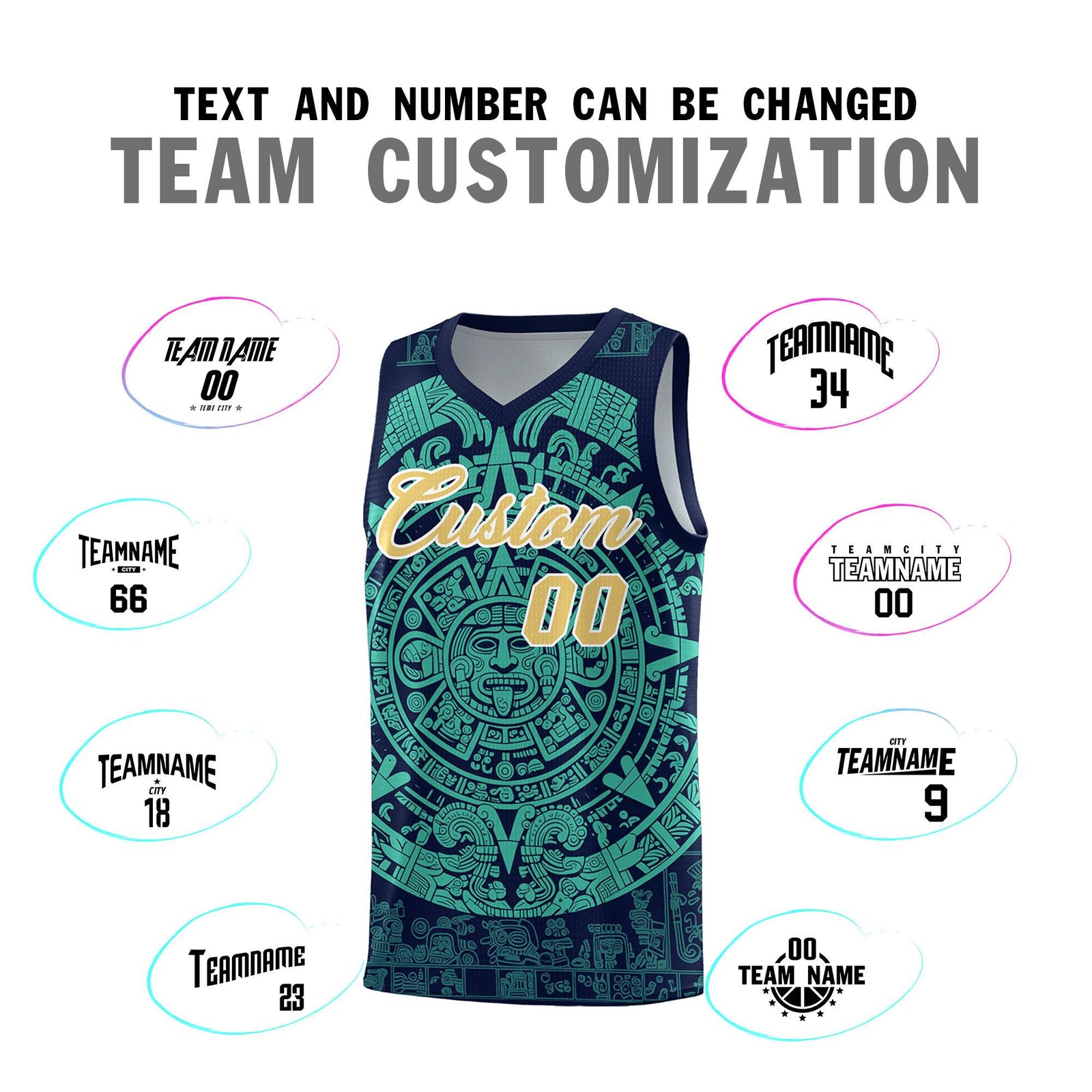Custom Youth Basketball Jerseys Aqua Aztec Sun Stone Personalized Uniform