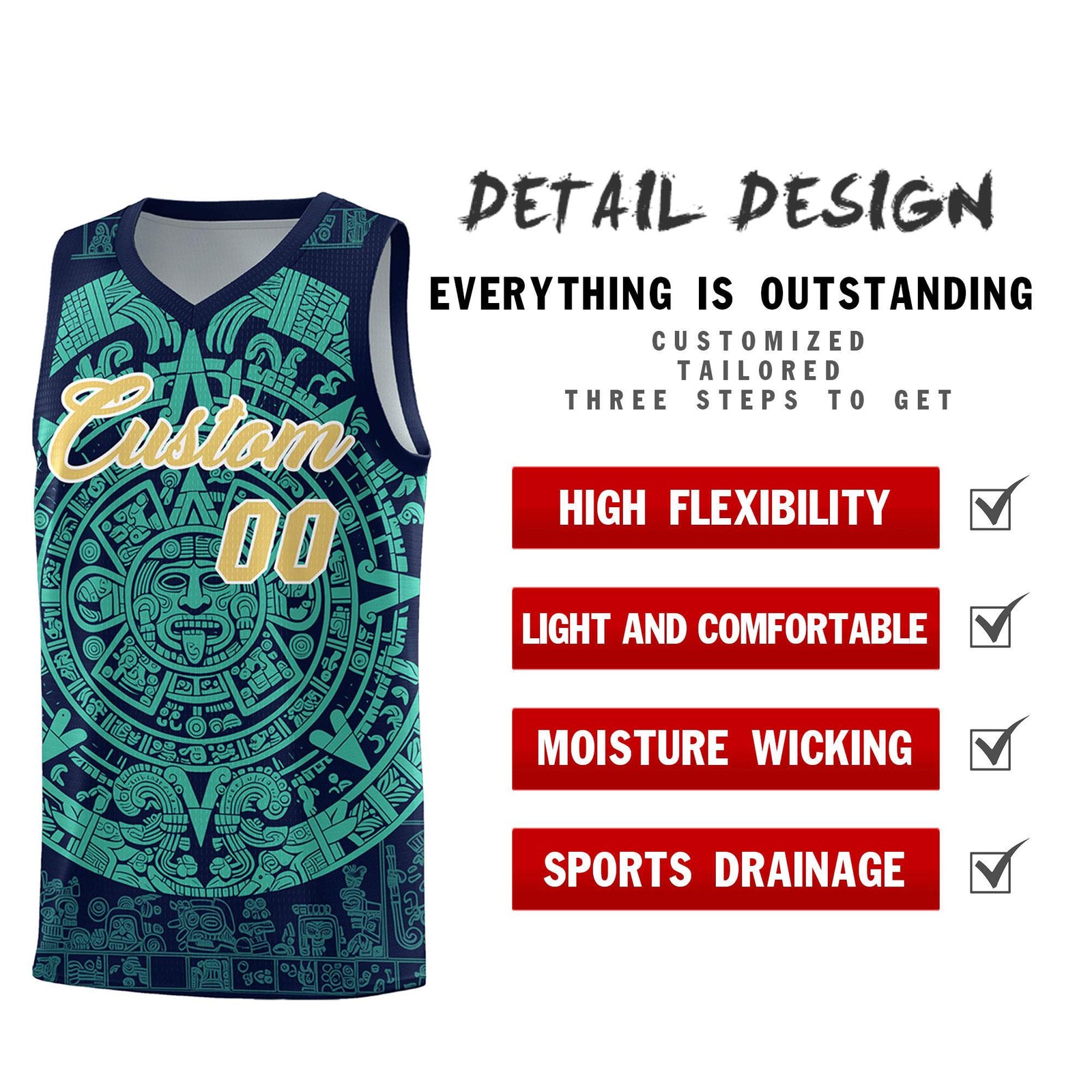 Custom Youth Basketball Jerseys Aqua Aztec Sun Stone Personalized Uniform