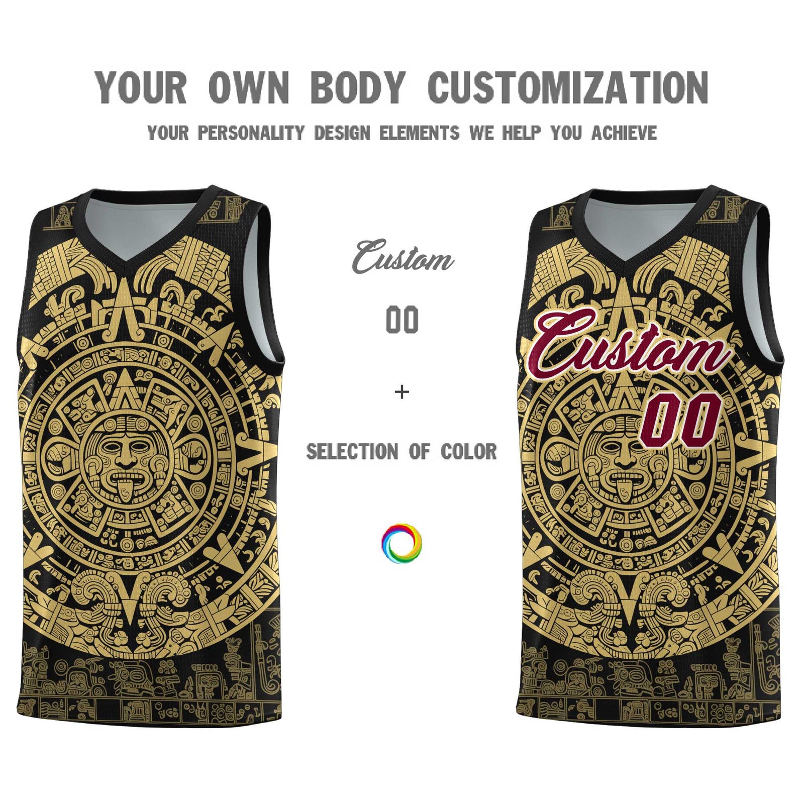 Custom Youth Basketball Jerseys Old Gold Aztec Sun Stone Pattern Custom Team Set