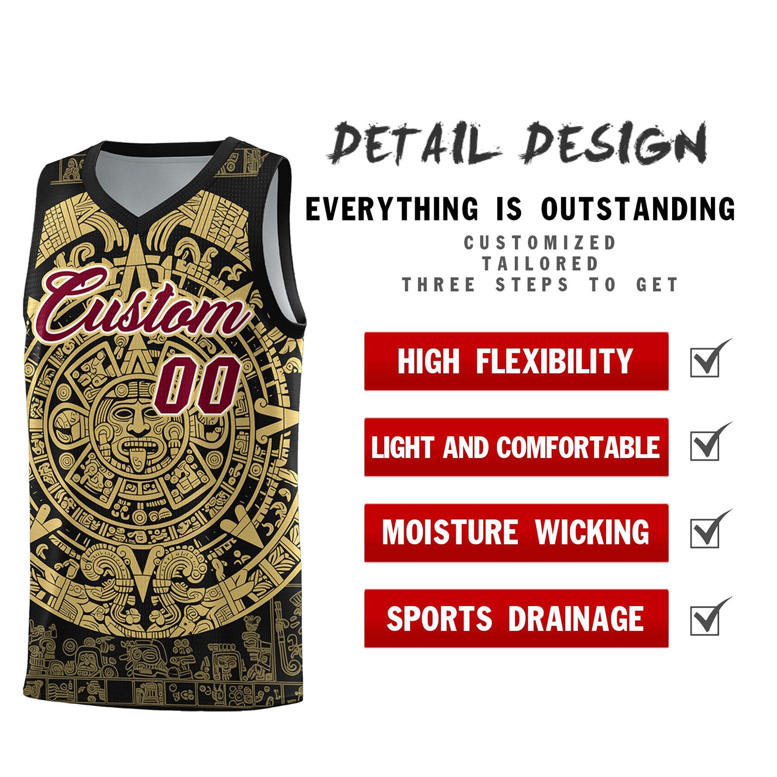 Custom Youth Basketball Jerseys Old Gold Aztec Sun Stone Pattern Custom Team Set