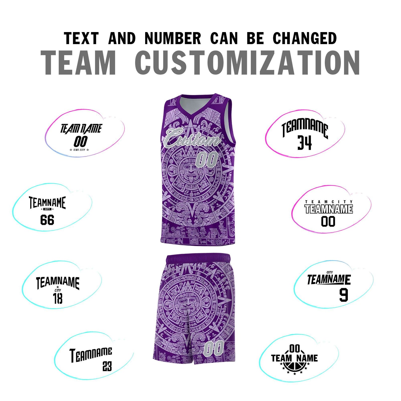 Custom Youth Basketball Jerseys Light Purple Aztec Sun Stone Pattern Custom Team Set
