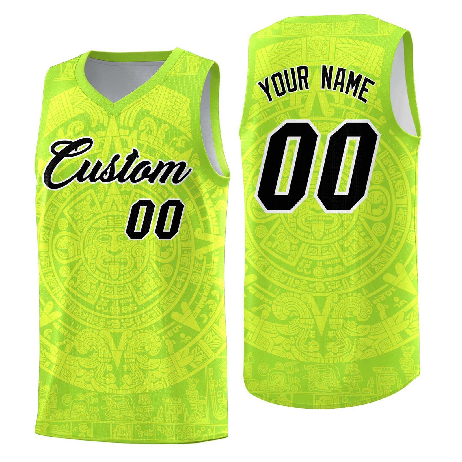 Custom Youth Basketball Jerseys Fluorescent Green Aztec Sun Stone Personalized Uniform
