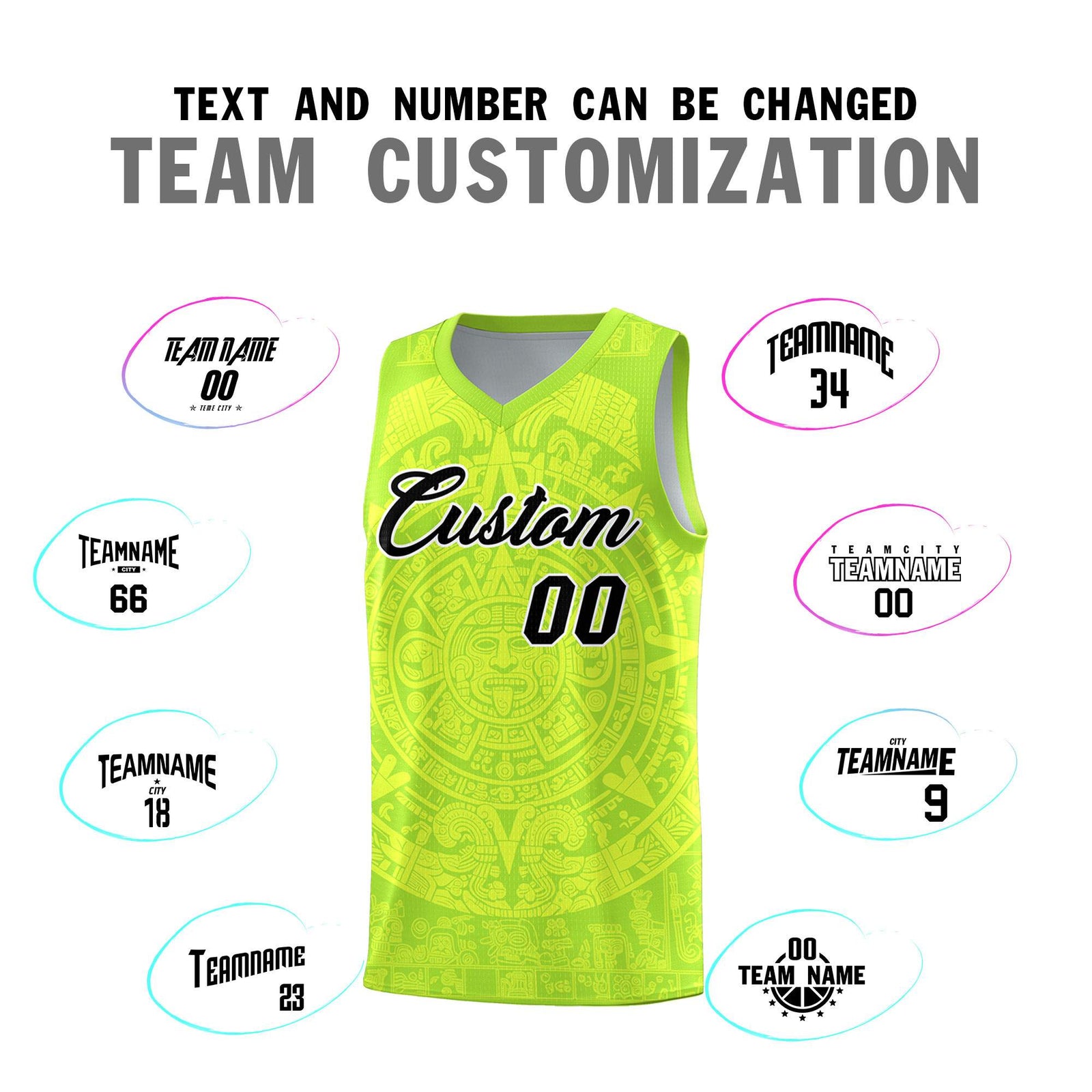 Custom Youth Basketball Jerseys Fluorescent Green Aztec Sun Stone Personalized Uniform
