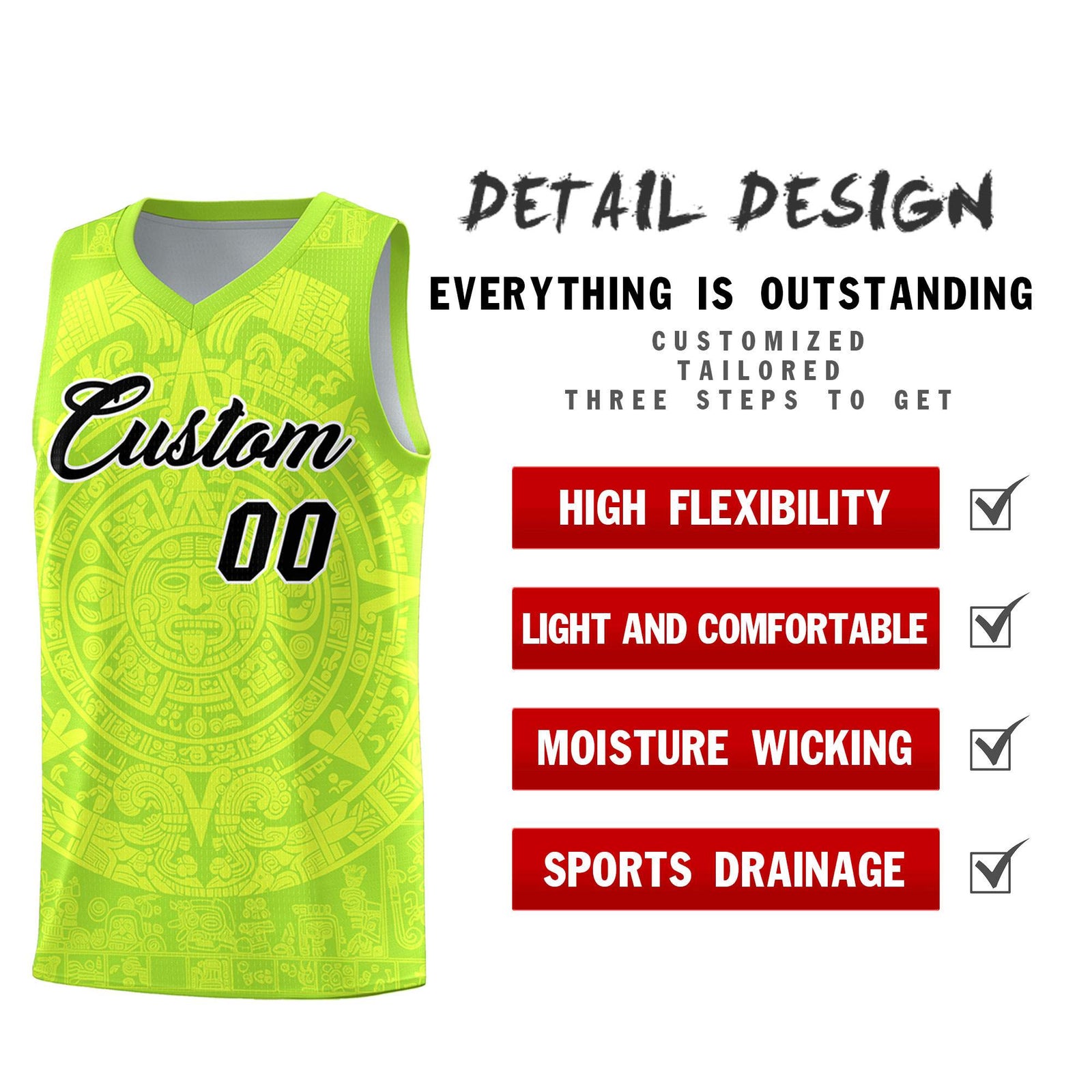 Custom Youth Basketball Jerseys Fluorescent Green Aztec Sun Stone Personalized Uniform