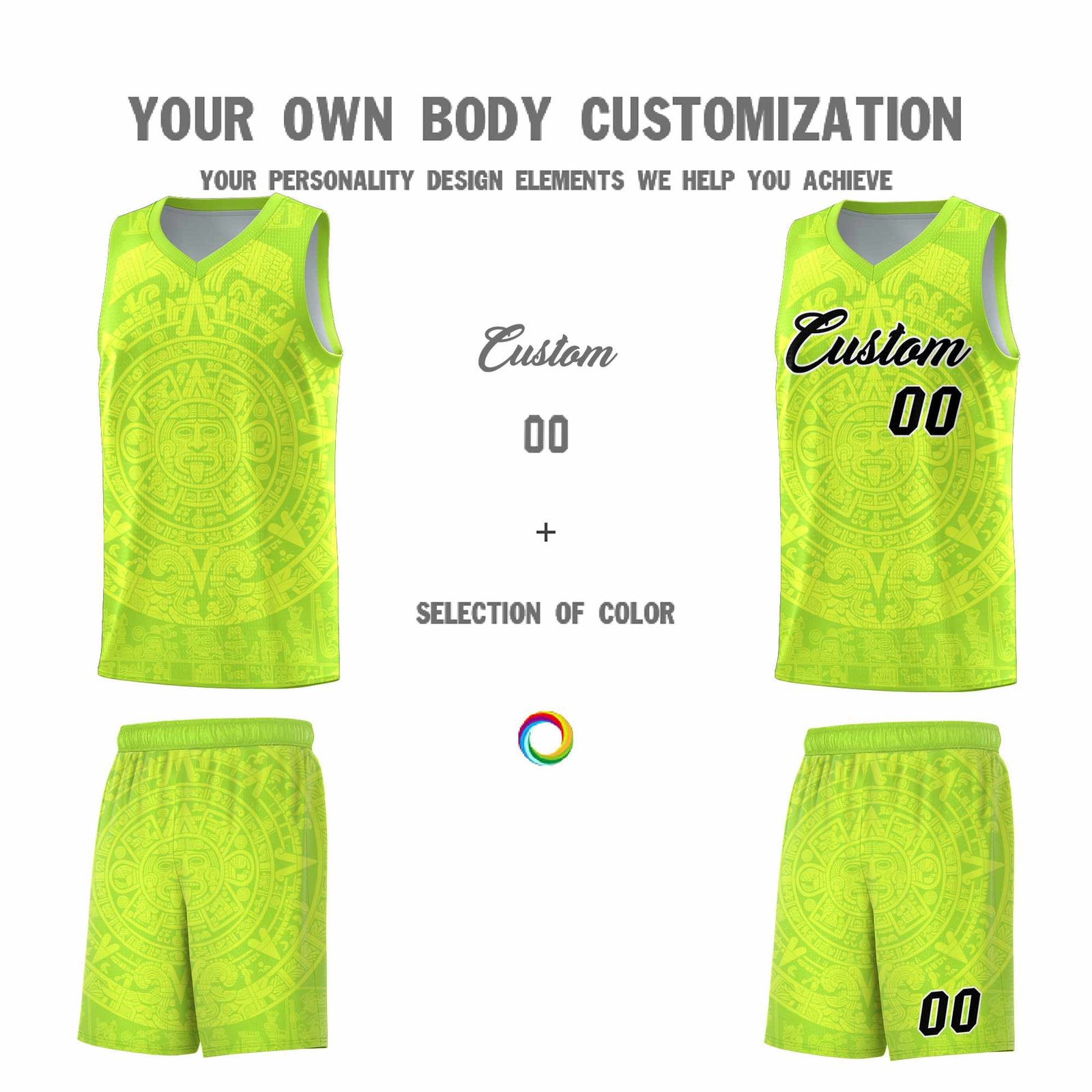 Custom Youth Basketball Jerseys Fluorescent Green Aztec Sun Stone Personalized Uniform