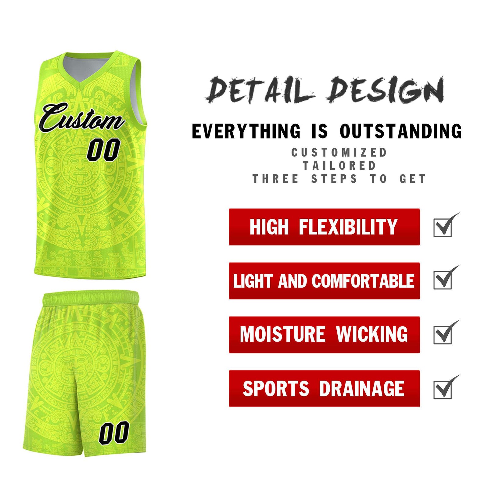 Custom Youth Basketball Jerseys Fluorescent Green Aztec Sun Stone Personalized Uniform