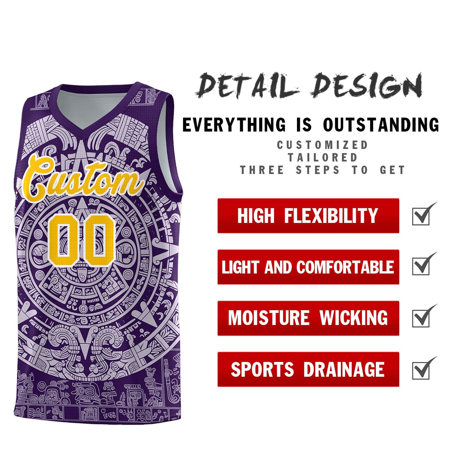 Custom Youth Basketball Jerseys Light Purple Aztec Sun Stone Pattern Custom Team Set