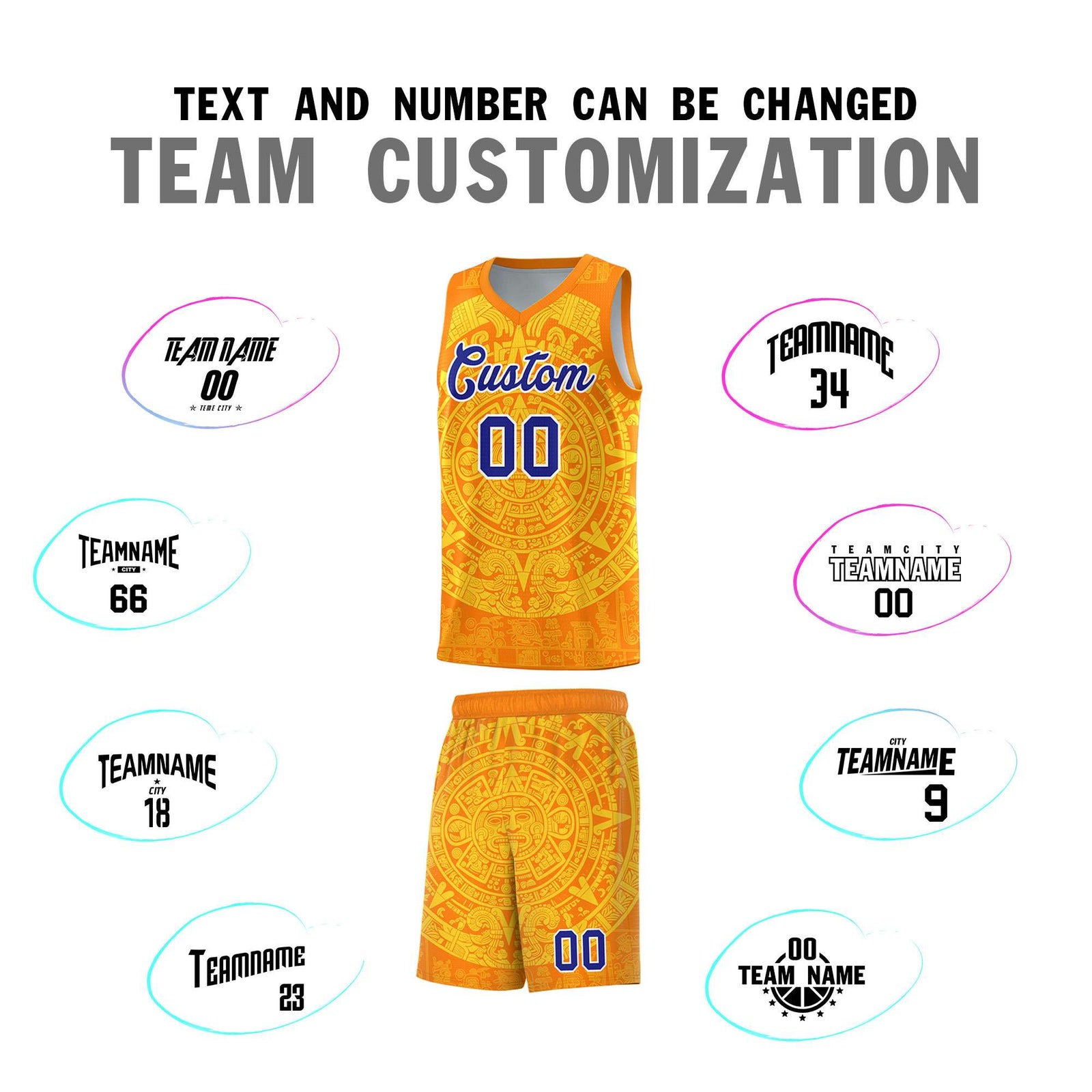 Custom Youth Basketball Jerseys Gold Aztec Sun Stone Design Team Uniform