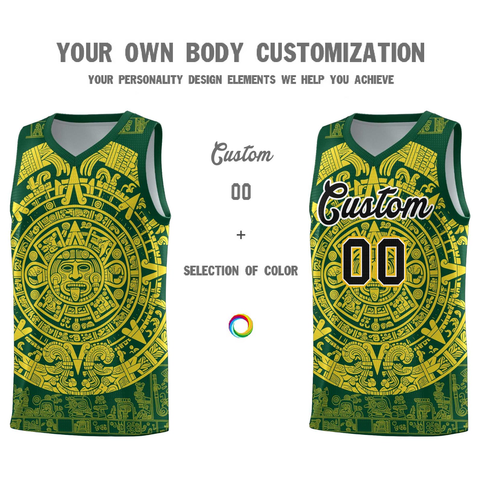 Custom Youth Basketball Jerseys Gold Aztec Sun Stone Personalized Uniform