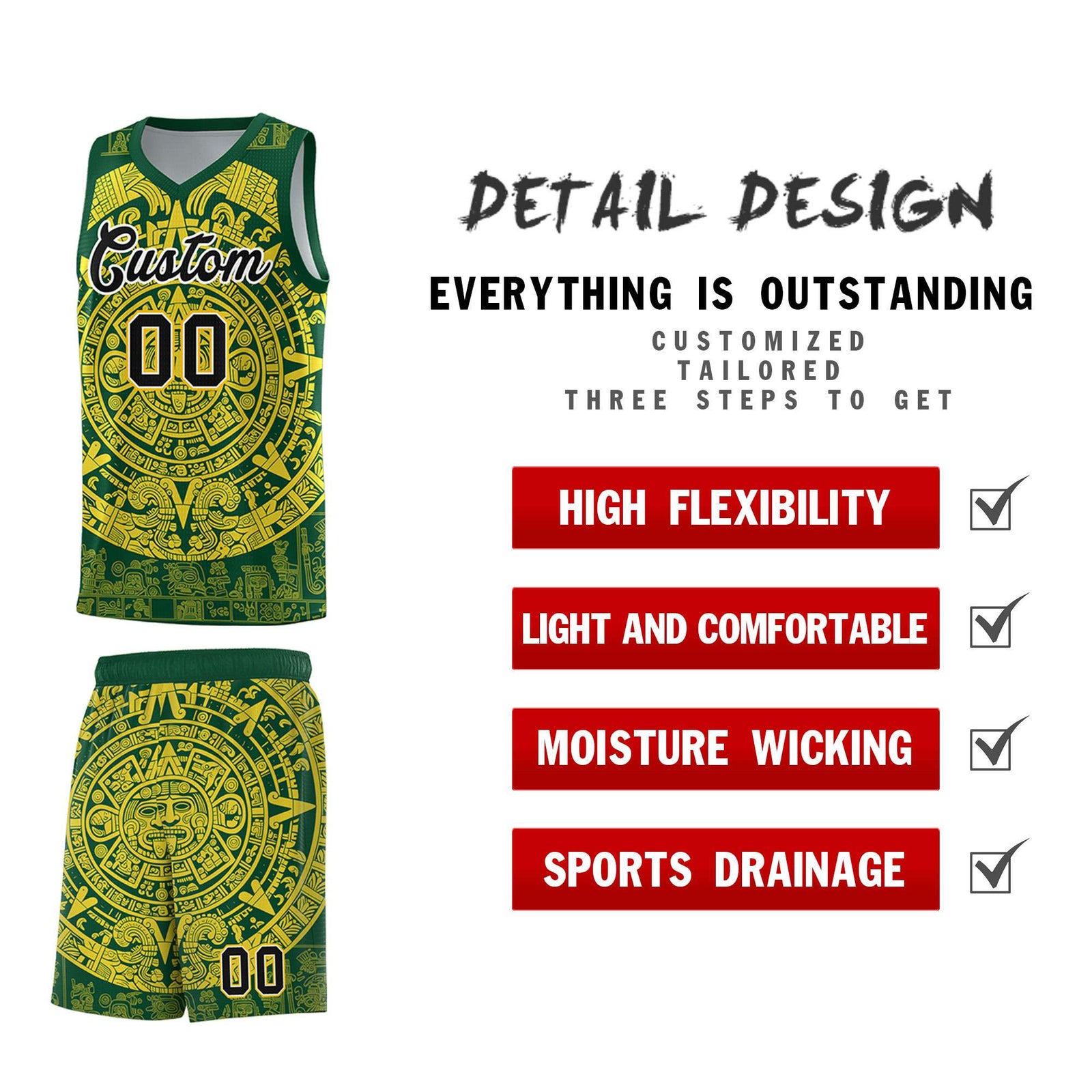 Custom Youth Basketball Jerseys Gold Aztec Sun Stone Personalized Uniform