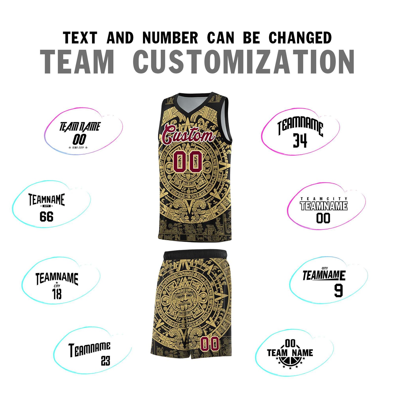 Custom Youth Basketball Jerseys Old Gold Aztec Sun Stone Pattern Custom Team Set