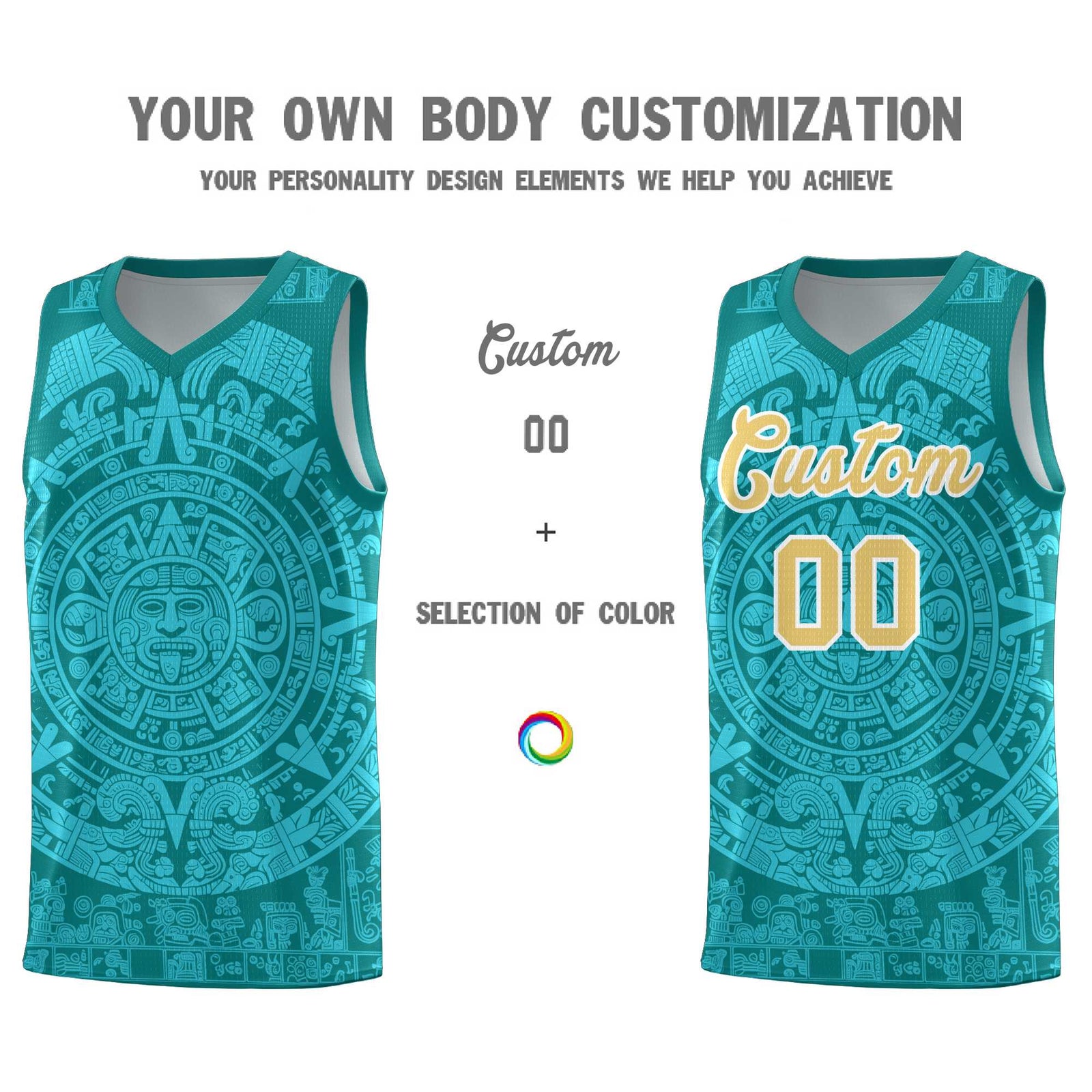 Custom Youth Basketball Jerseys Aqua Aztec Sun Stone Personalized Uniform