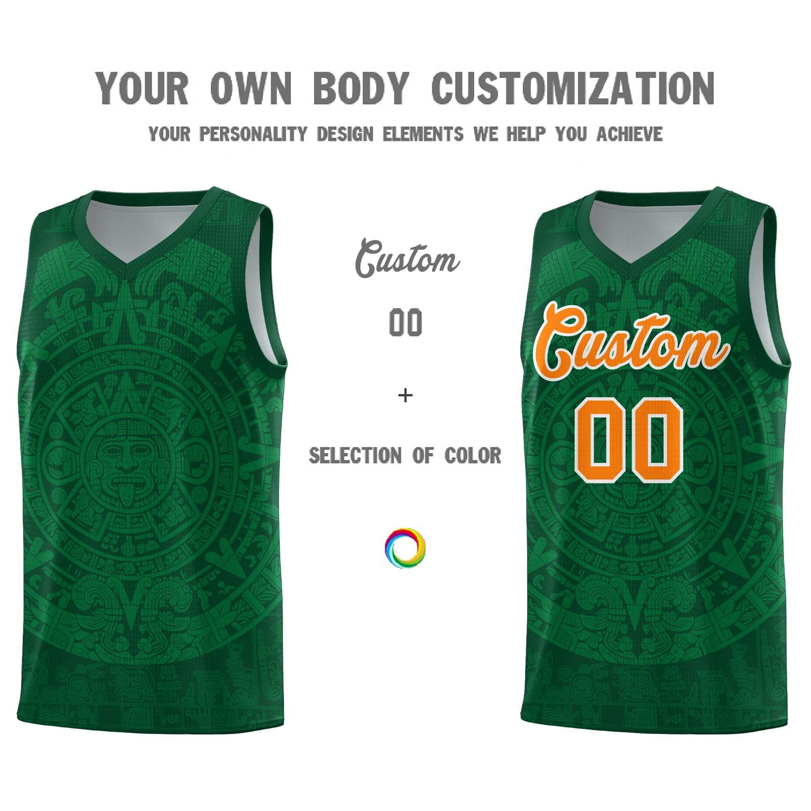 Custom Youth Basketball Jerseys Kelly Green Aztec Sun Stone Personalized Uniform