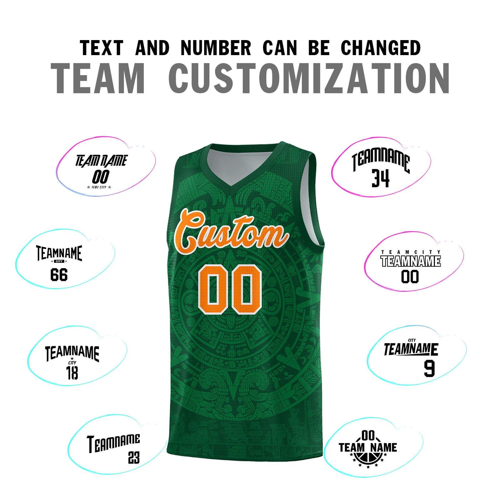 Custom Youth Basketball Jerseys Kelly Green Aztec Sun Stone Personalized Uniform