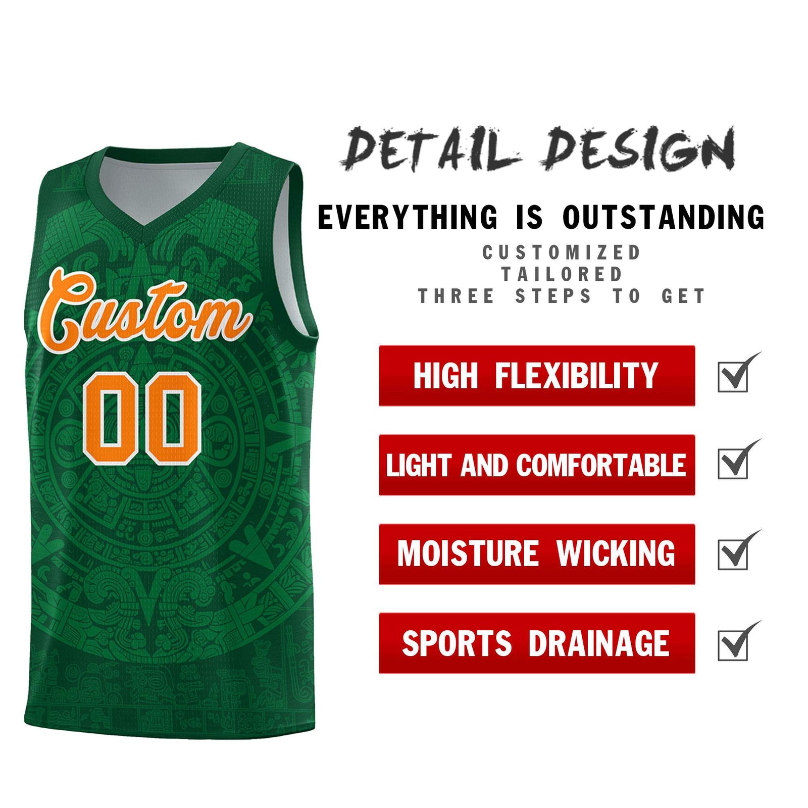 Custom Youth Basketball Jerseys Kelly Green Aztec Sun Stone Personalized Uniform