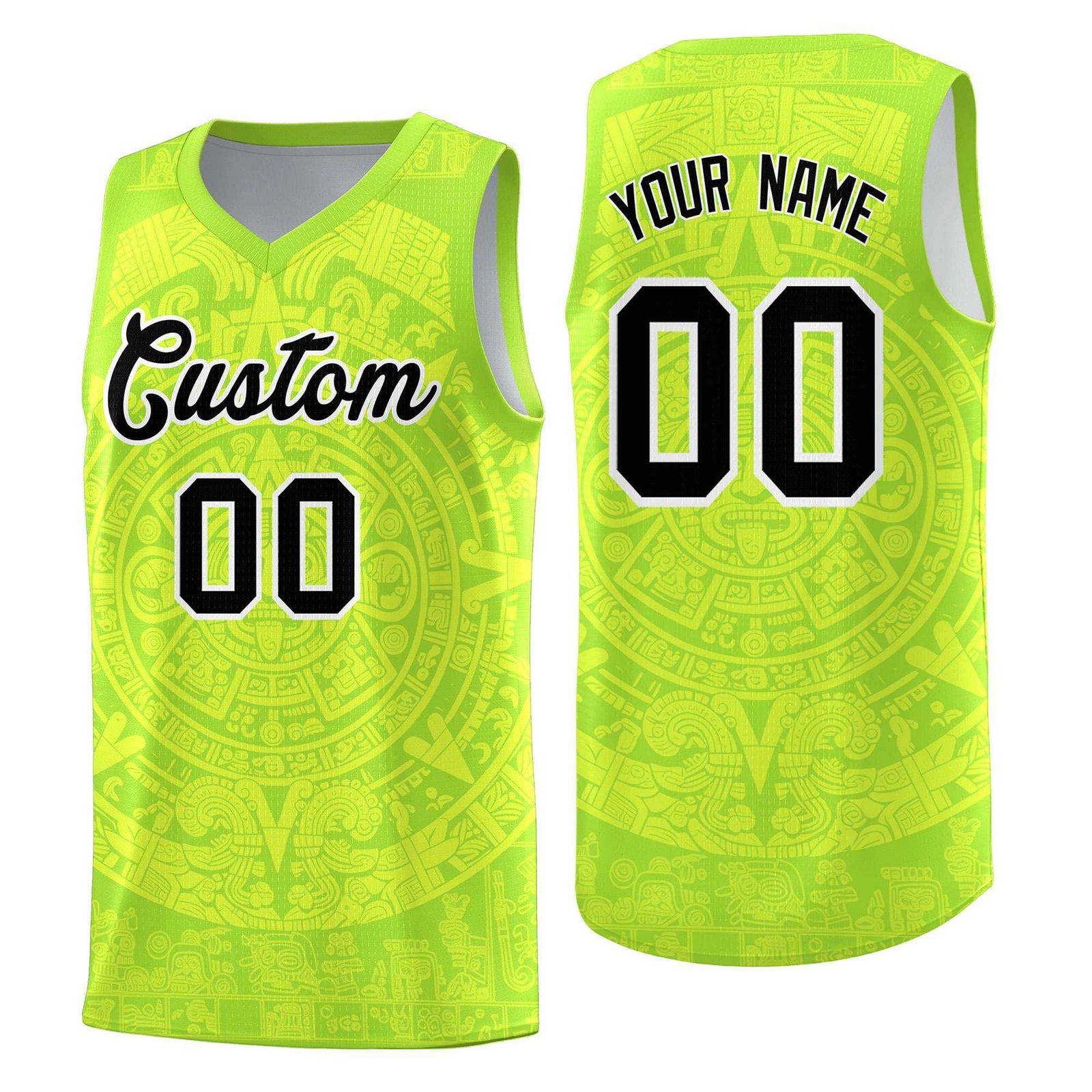 Custom Youth Basketball Jerseys Fluorescent Green Aztec Sun Stone Personalized Uniform