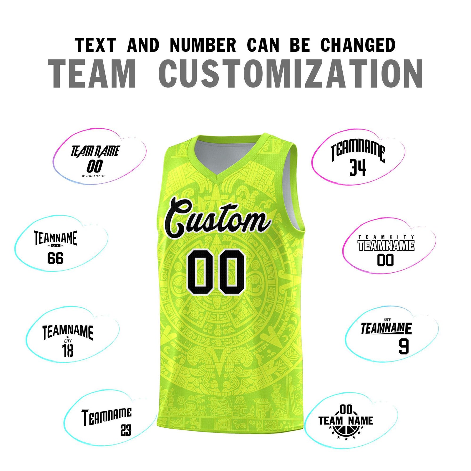 Custom Youth Basketball Jerseys Fluorescent Green Aztec Sun Stone Personalized Uniform