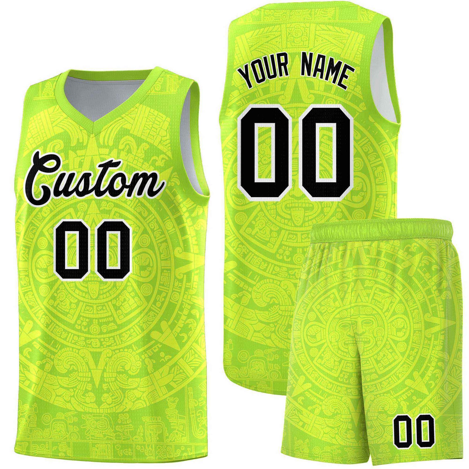 Custom Youth Basketball Jerseys Fluorescent Green Aztec Sun Stone Personalized Uniform