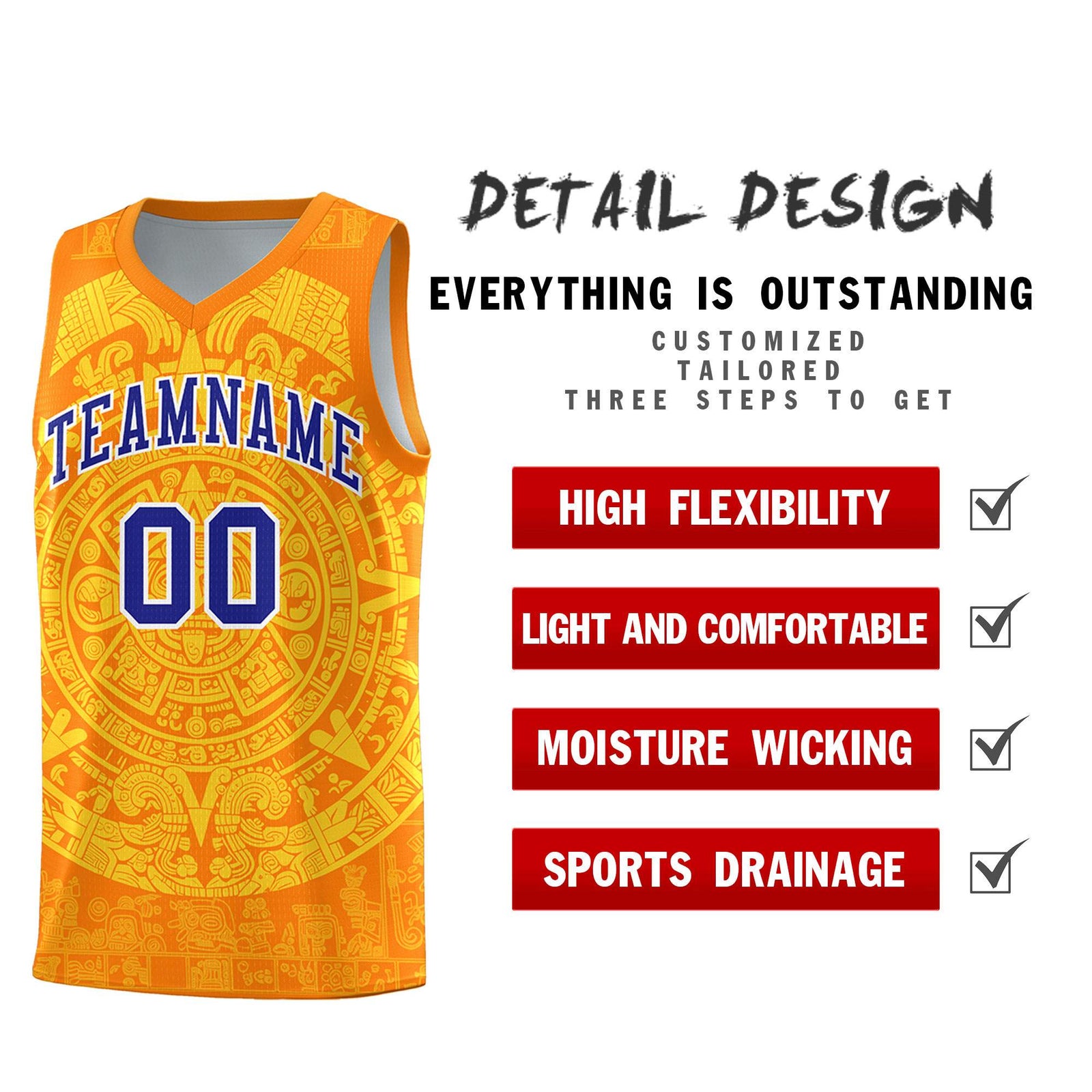 Custom Youth Basketball Jerseys Gold Aztec Sun Stone Design Team Uniform