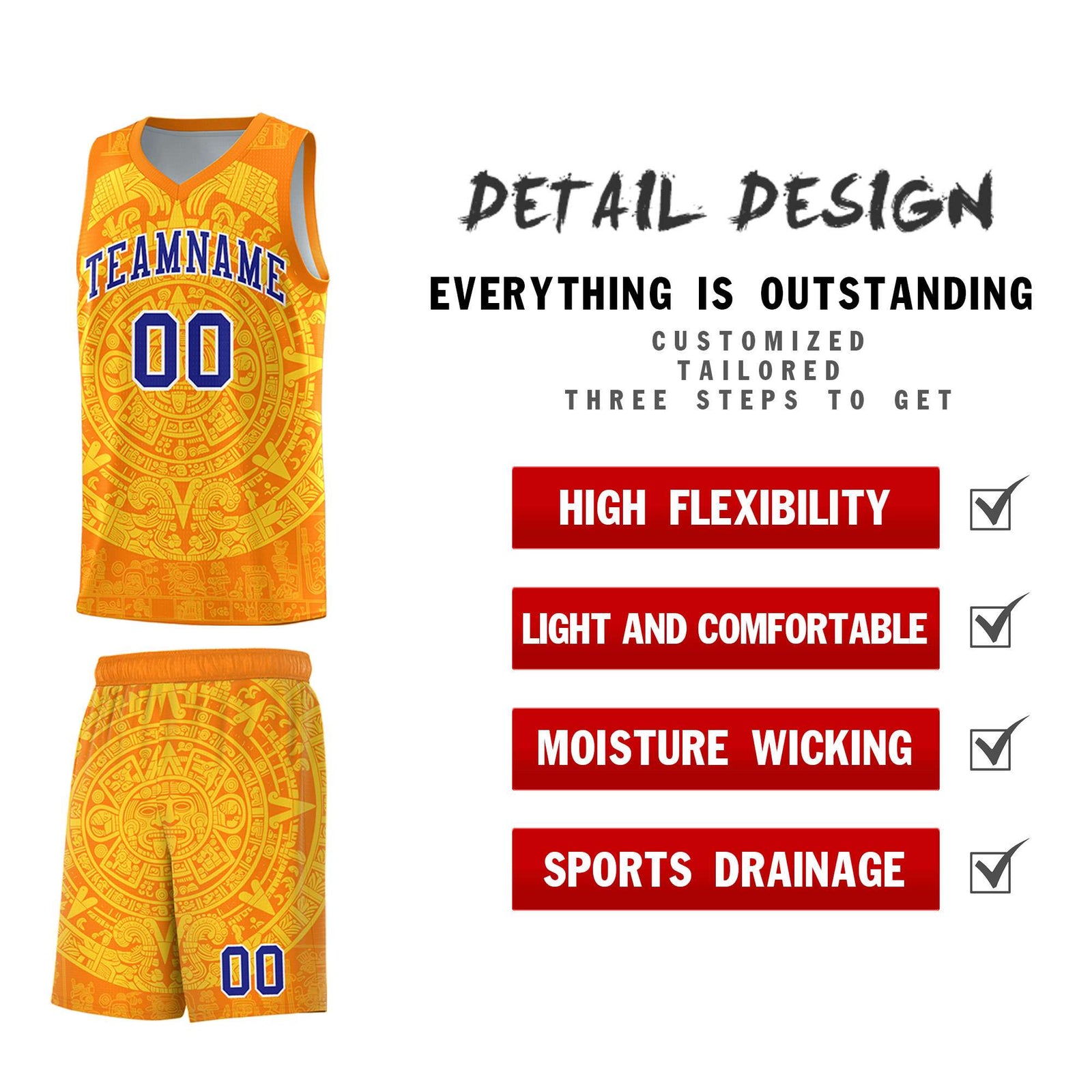 Custom Youth Basketball Jerseys Gold Aztec Sun Stone Design Team Uniform