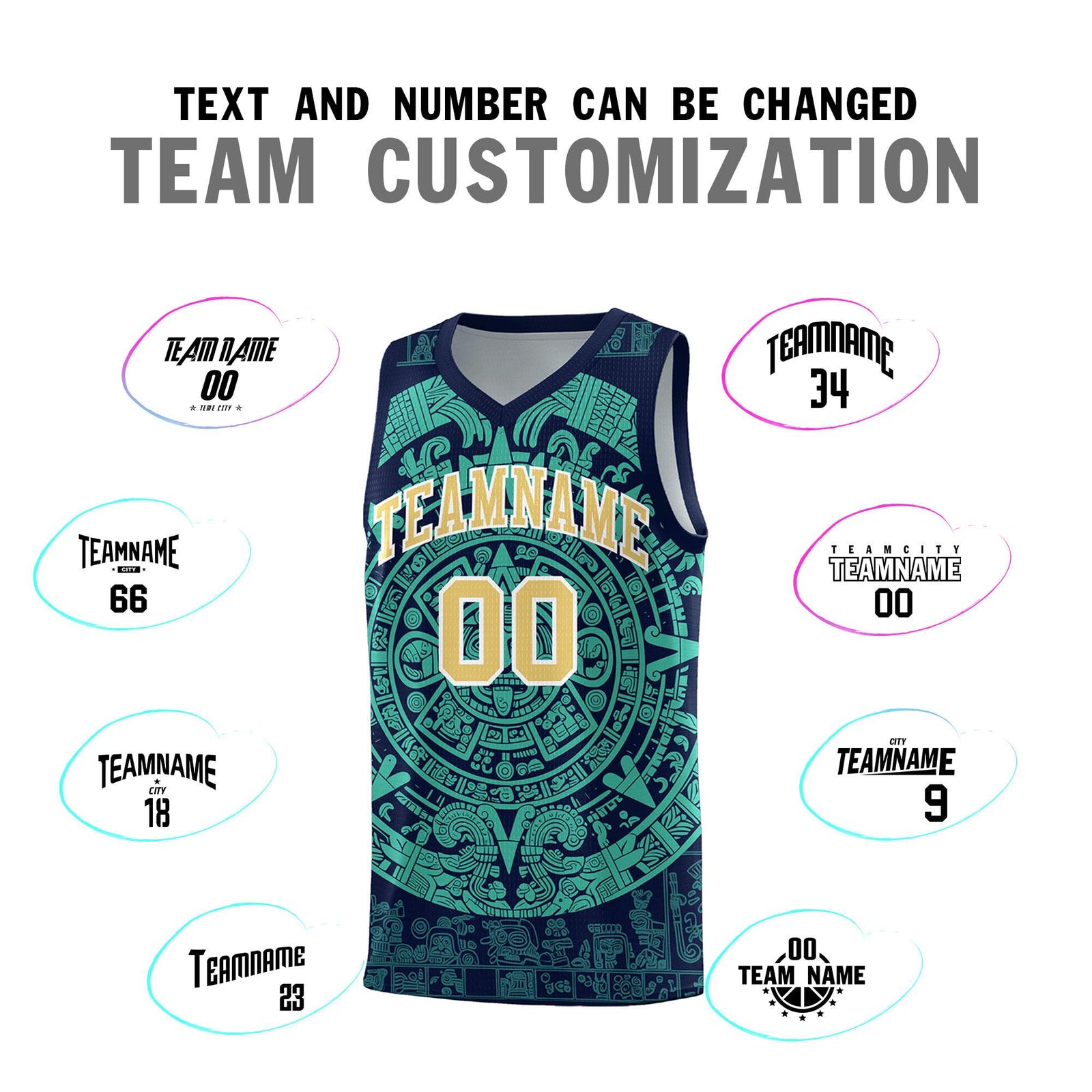 Custom Youth Basketball Jerseys Aqua Aztec Sun Stone Personalized Uniform