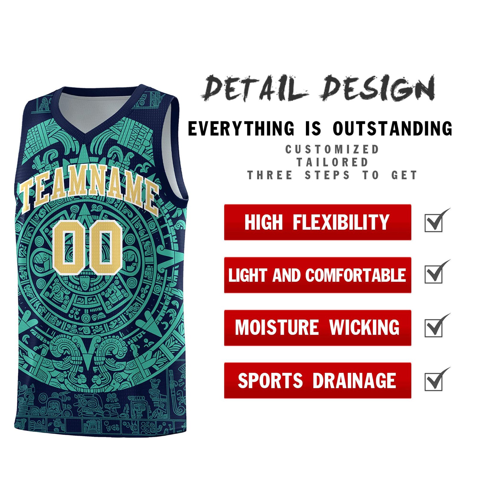 Custom Youth Basketball Jerseys Aqua Aztec Sun Stone Personalized Uniform