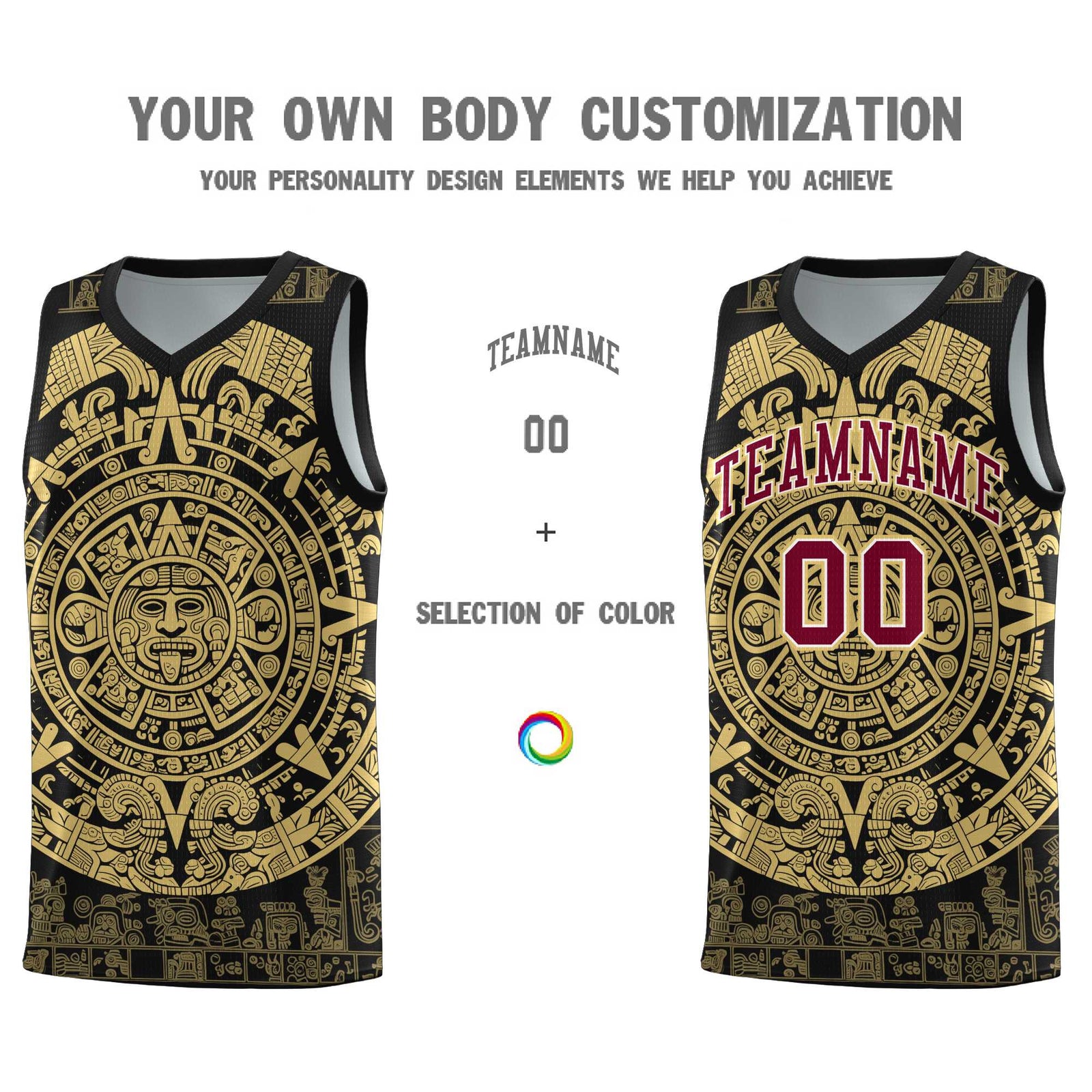 Custom Youth Basketball Jerseys Old Gold Aztec Sun Stone Pattern Custom Team Set