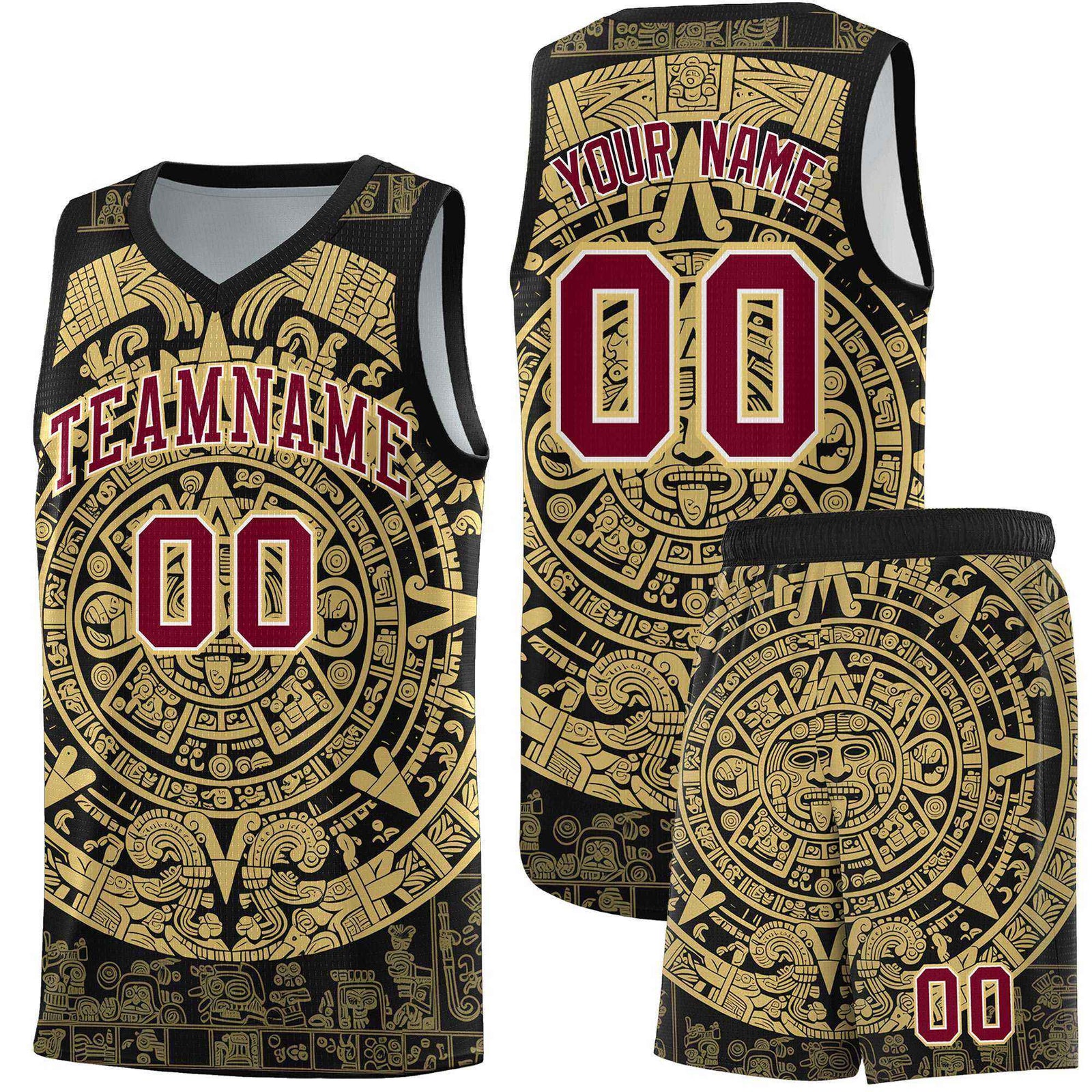 Custom Youth Basketball Jerseys Old Gold Aztec Sun Stone Pattern Custom Team Set