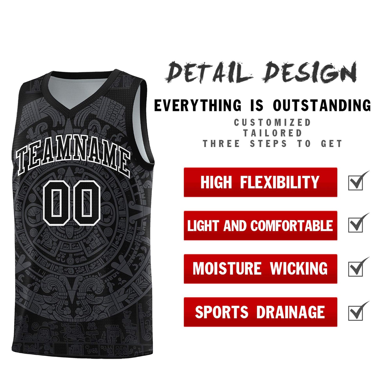 Custom Youth Basketball Jerseys Gray Aztec Sun Stone Design Team Uniform