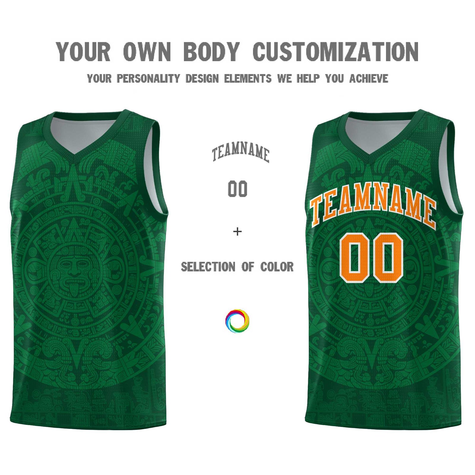 Custom Youth Basketball Jerseys Kelly Green Aztec Sun Stone Personalized Uniform