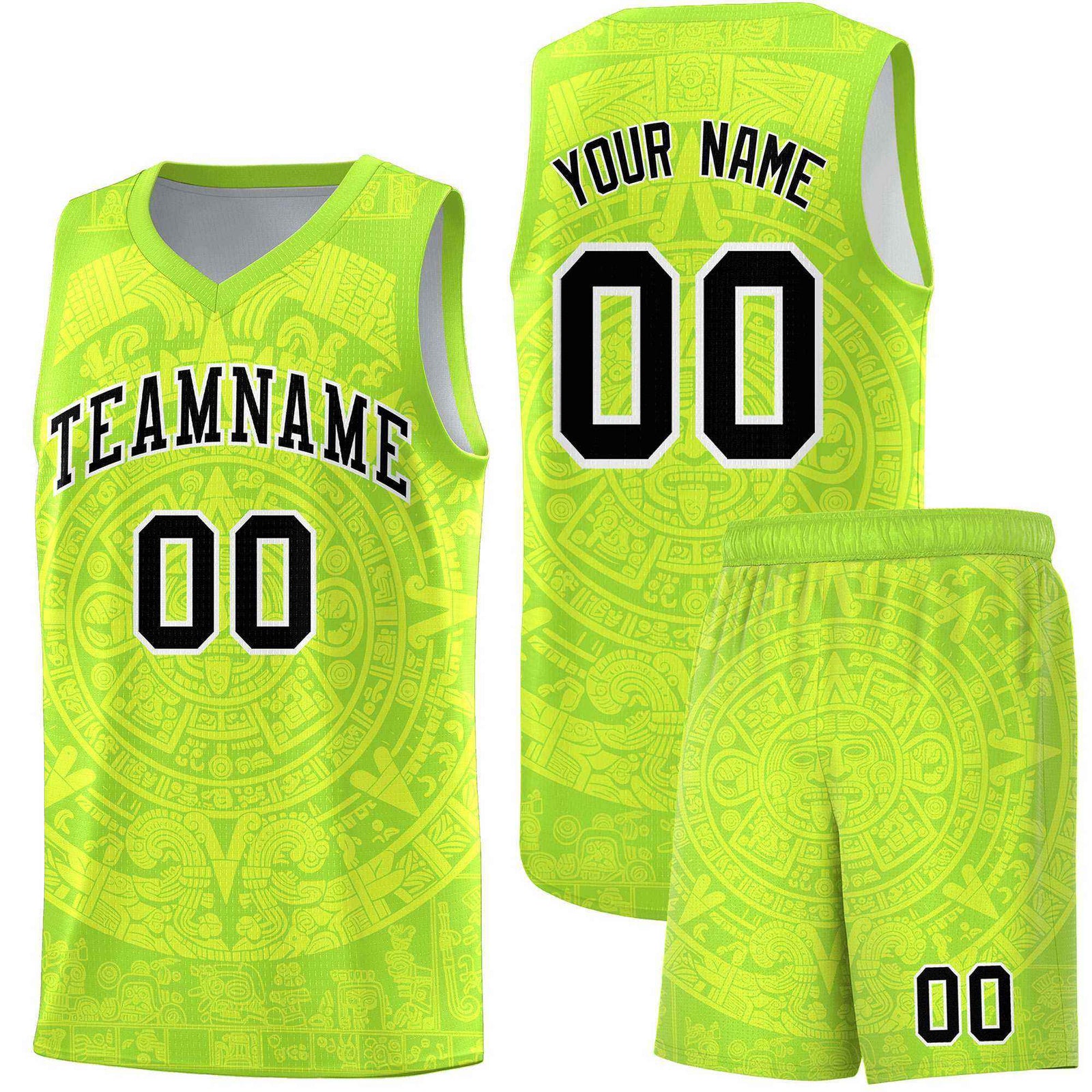 Custom Youth Basketball Jerseys Fluorescent Green Aztec Sun Stone Personalized Uniform