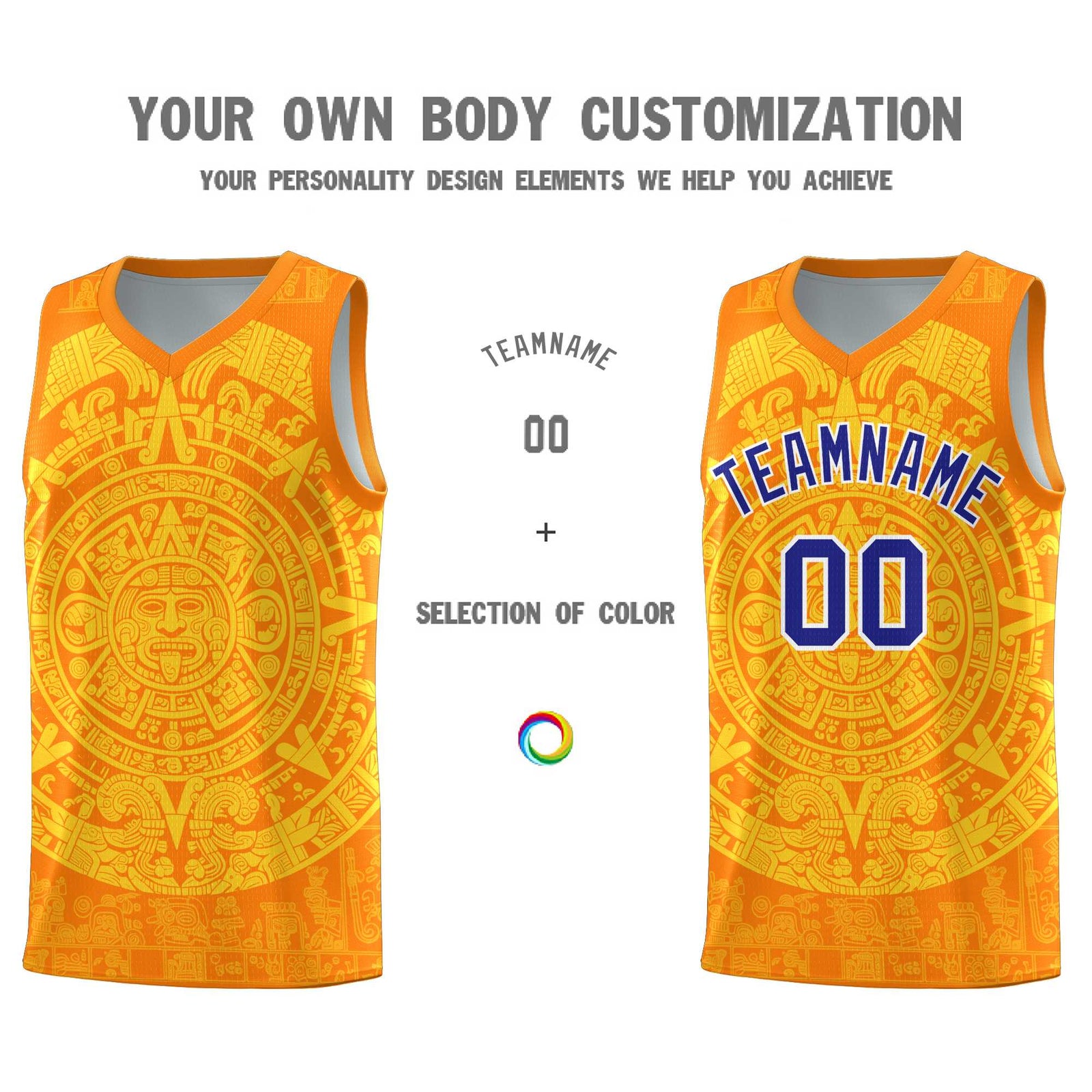 Custom Youth Basketball Jerseys Gold Aztec Sun Stone Design Team Uniform