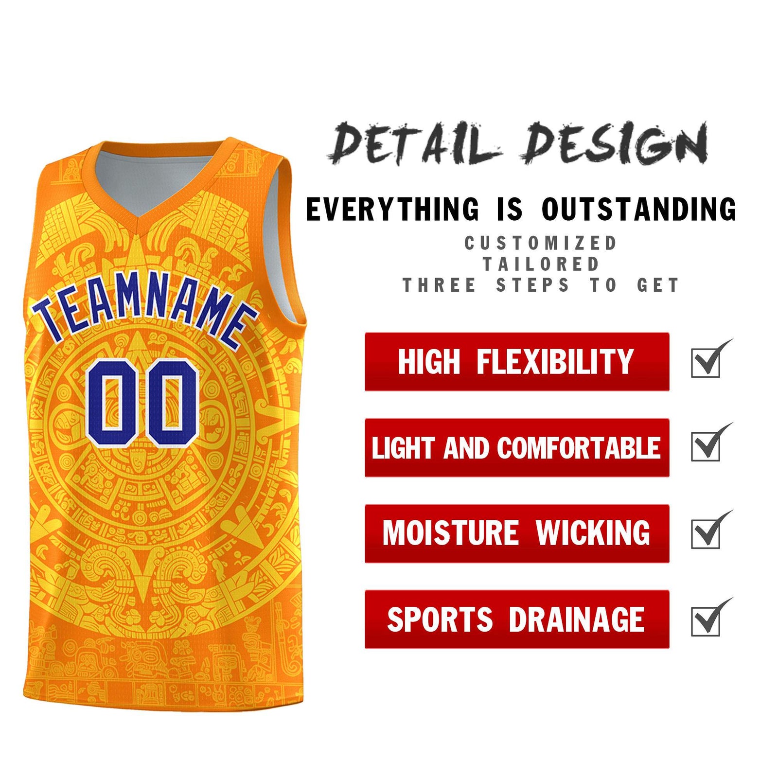 Custom Youth Basketball Jerseys Gold Aztec Sun Stone Design Team Uniform