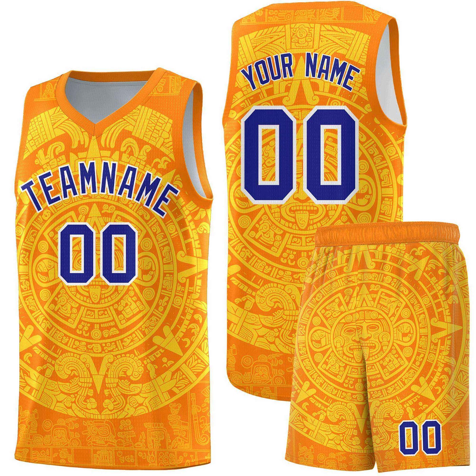 Custom Youth Basketball Jerseys Gold Aztec Sun Stone Design Team Uniform