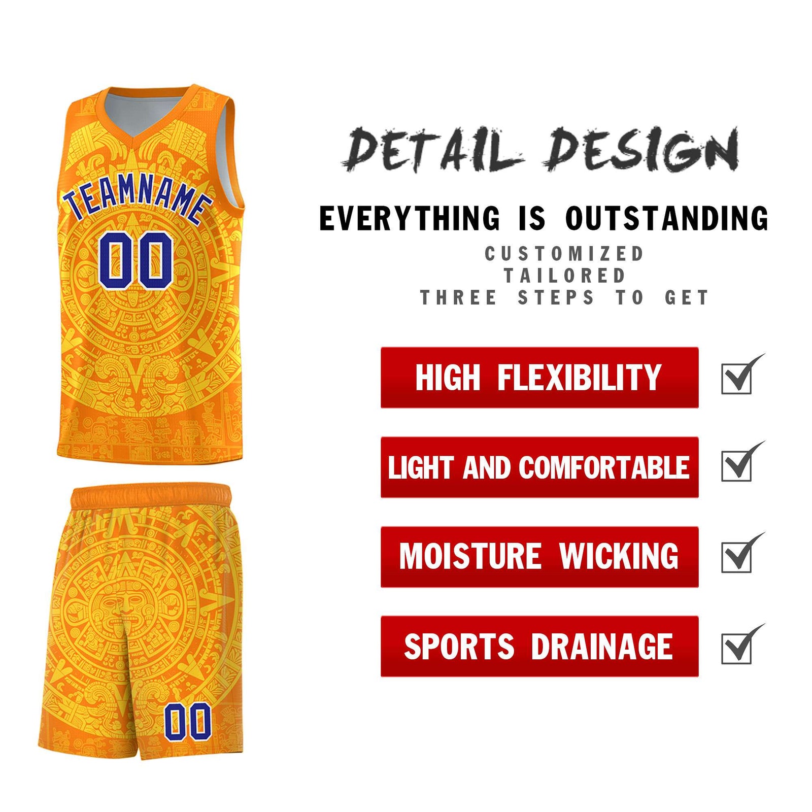 Custom Youth Basketball Jerseys Gold Aztec Sun Stone Design Team Uniform