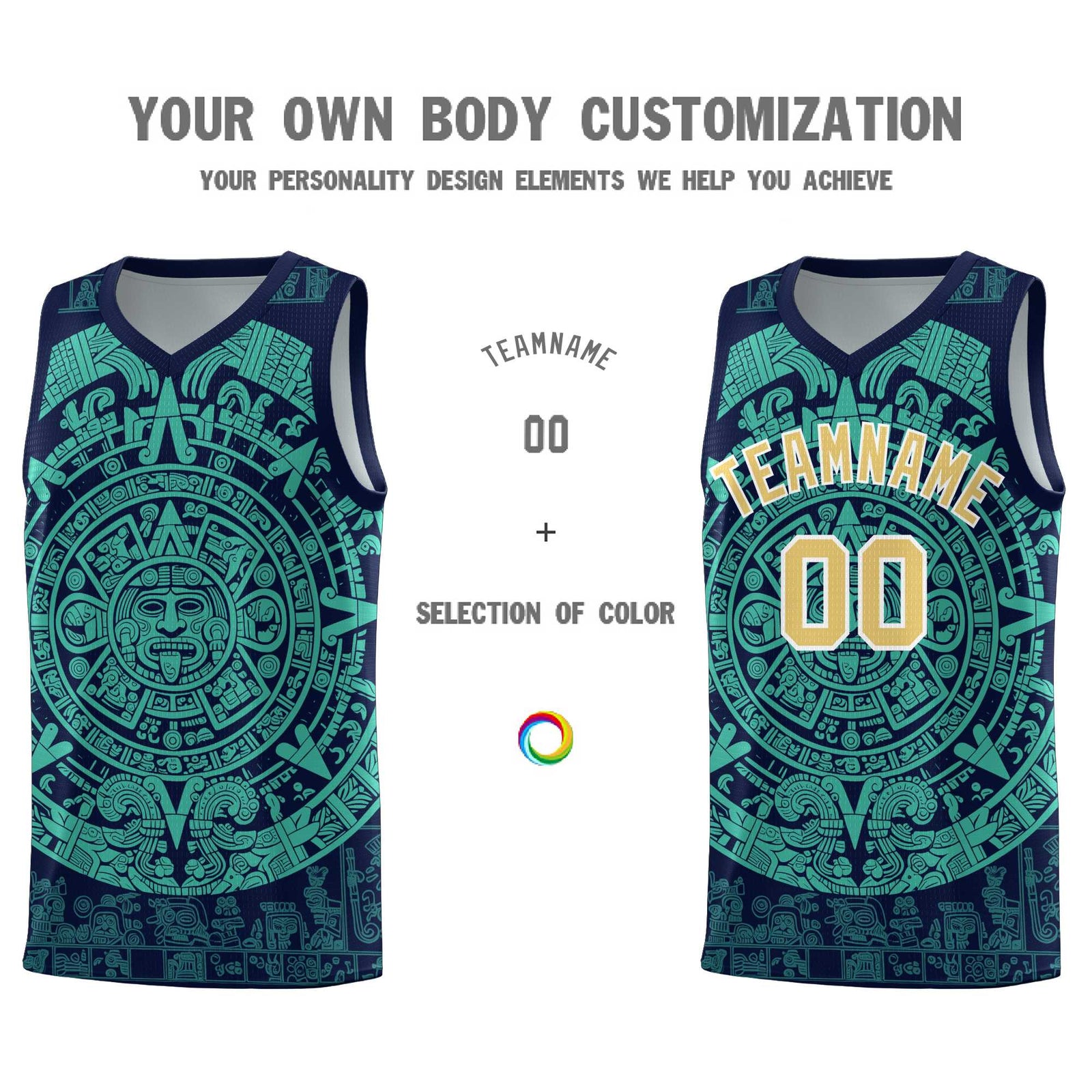 Custom Youth Basketball Jerseys Aqua Aztec Sun Stone Personalized Uniform