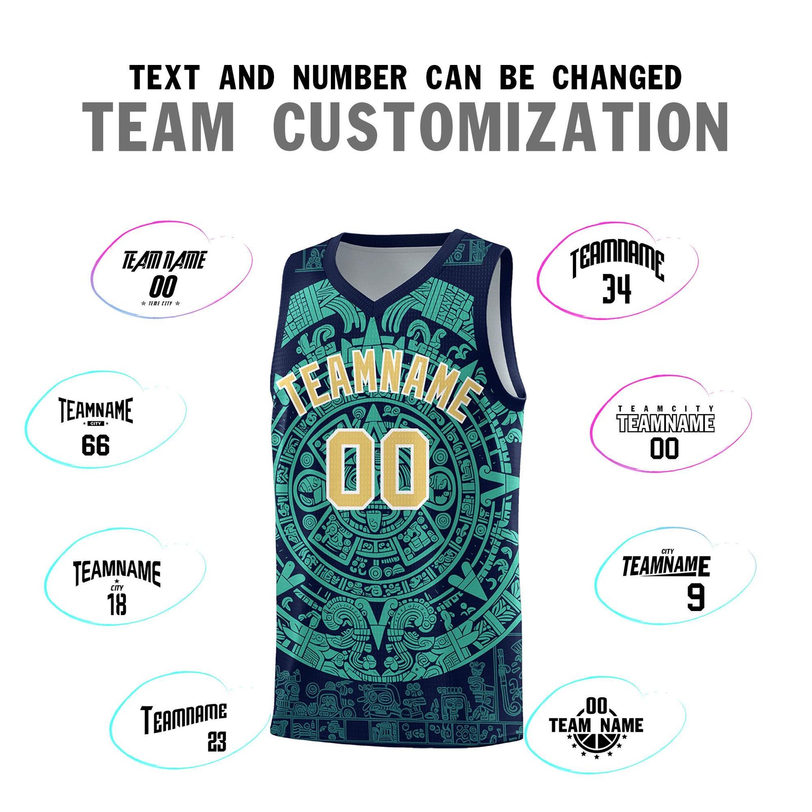 Custom Youth Basketball Jerseys Aqua Aztec Sun Stone Personalized Uniform