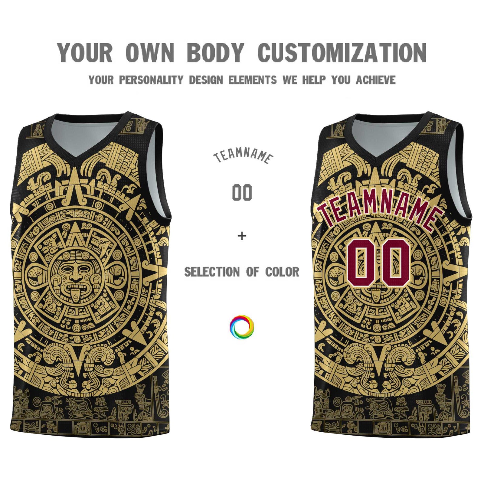Custom Youth Basketball Jerseys Old Gold Aztec Sun Stone Pattern Custom Team Set