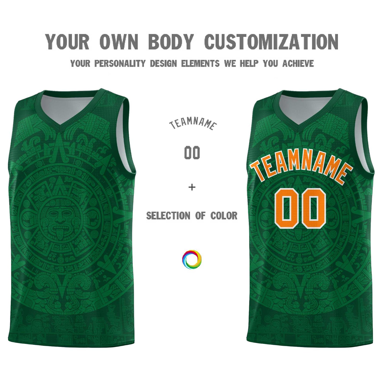 Custom Youth Basketball Jerseys Kelly Green Aztec Sun Stone Personalized Uniform