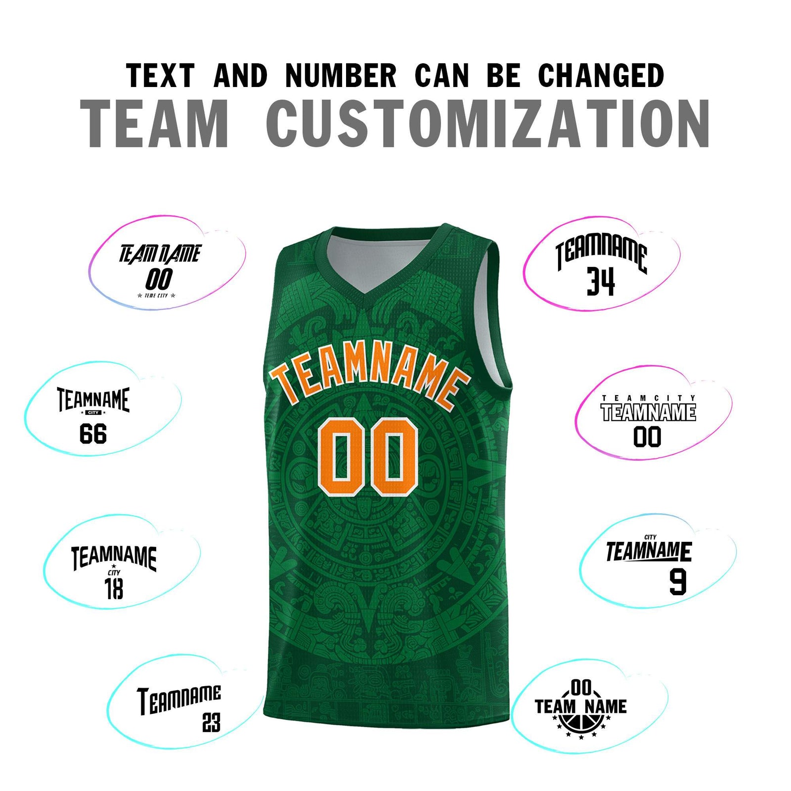 Custom Youth Basketball Jerseys Kelly Green Aztec Sun Stone Personalized Uniform