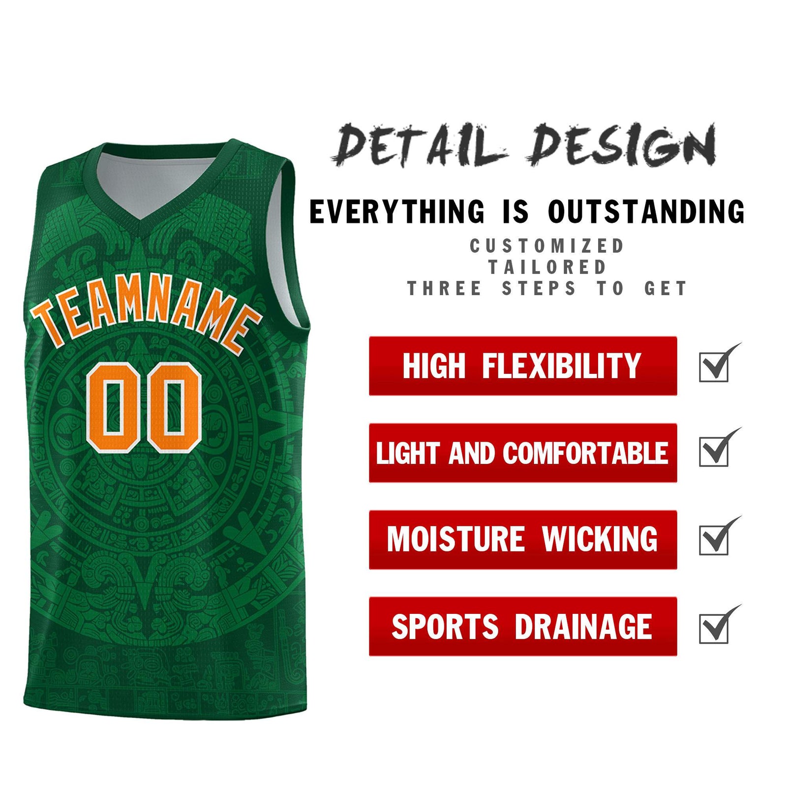 Custom Youth Basketball Jerseys Kelly Green Aztec Sun Stone Personalized Uniform